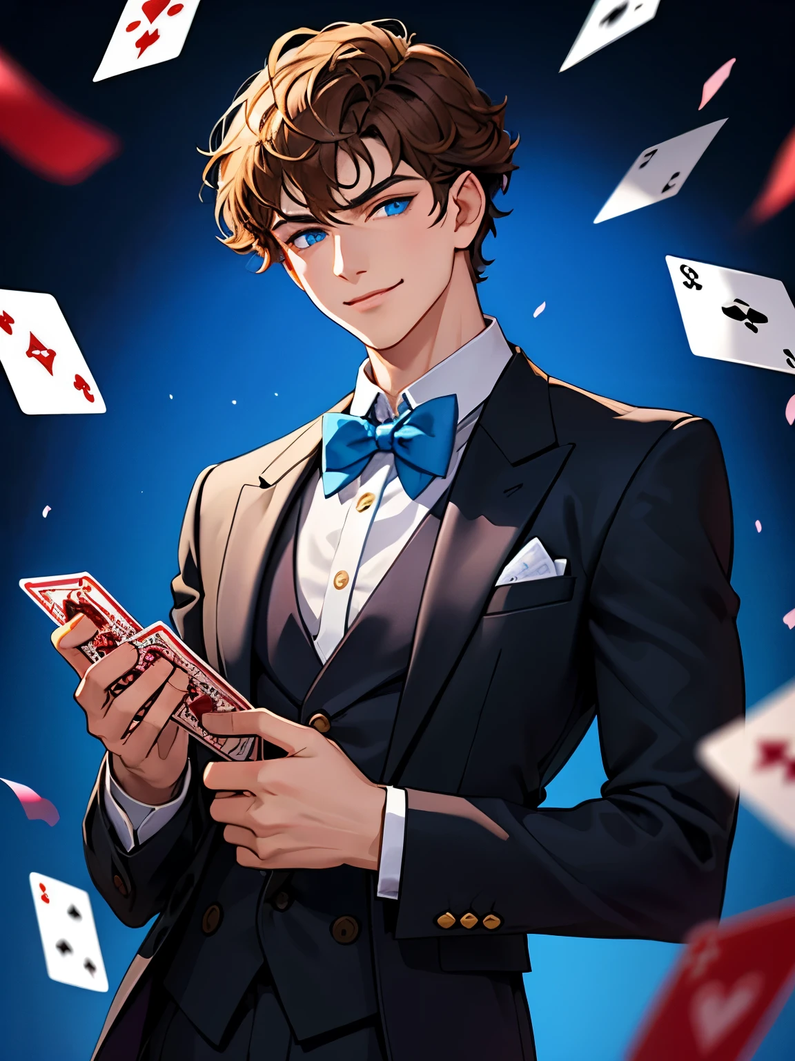 A boy with brown curly hair and blue eyes stands in front of a detailed, flashy background. He has a smirk on his face and is dressed in a classic suit with a bowtie. In his hand, he is holding a playing card. The vibrant colors and dramatic lighting emphasize the boy's confident and mysterious presence.