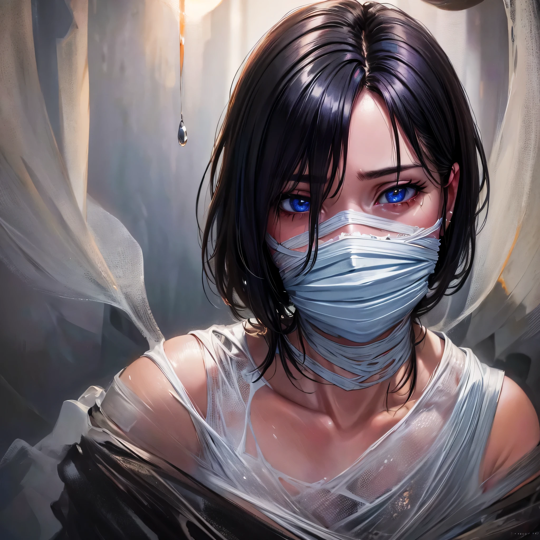 ing from the ceiling, dim lighting, dark atmosphere, oil painting style, vibrant colors, intense emotion. (best quality, highres, ultra-detailed, realistic:1.2), spiderweb, trapped, delicate facial features, fear in her eyes. half body visible,(gagged:1.4),