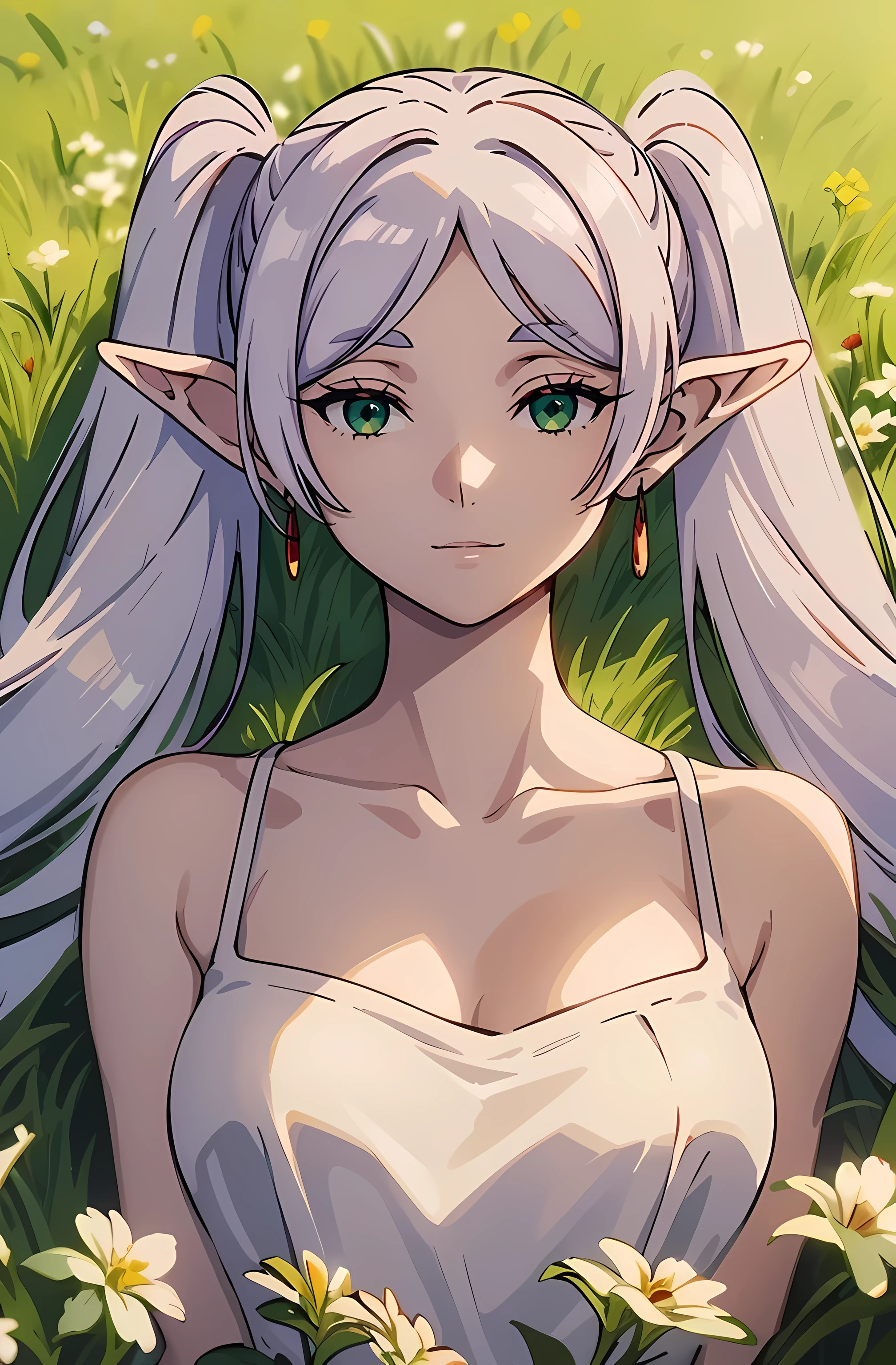 (masterpiece), (best quality), (extremely detailed and delicate), 1girl, nice eyes, perfect face, sharp focus, (windy), solo, elf, white hair, grey hair, earrings, red earrings, pointy ears, long hair, ponytail, green eyes, looking at viewer, (twintails:1.4), dress, sleeveless, dress, white dress, short dress, breasts, medium breasts, collarbone, bare shoulders, lying, on back, smile, nature, grass, trees, flowers,
