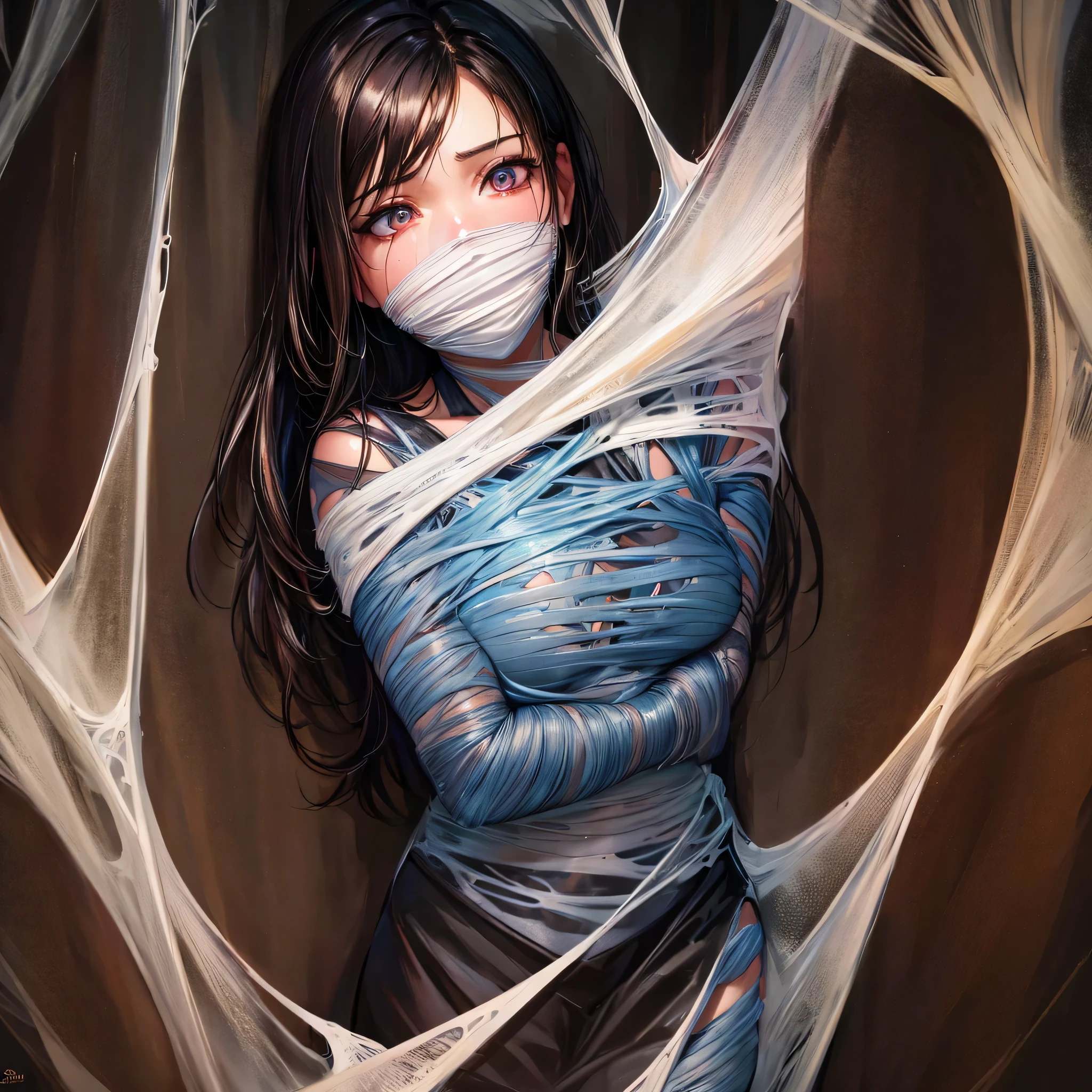 ing from the ceiling, dim lighting, dark atmosphere, oil painting style, vibrant colors, intense emotion. (best quality, highres, ultra-detailed, realistic:1.2), spiderweb, trapped, delicate facial features, fear in her eyes. half body visible,(gagged:1.4),