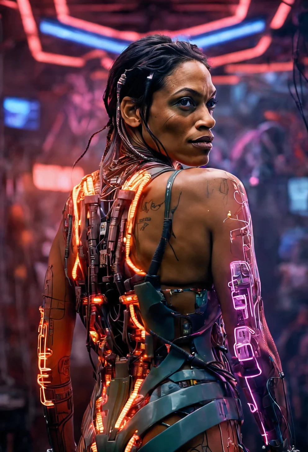 (ohwx woman) cyborg, surrounded by cables , (Rosario Dawson),  hair braided in pigtails, tattoos on her face, neck and breasts, feathers in her hair, war colors, strong, proud, cyborg, beautiful full shot imagery, vibrantly lush neon lighting, beautiful volumetric-lighting-style atmosphere, a futuristic atmosphere, intricate, ultra detailed, photorealistic imagery, trending on artstation, 4k, 8k, low angle, full body shot