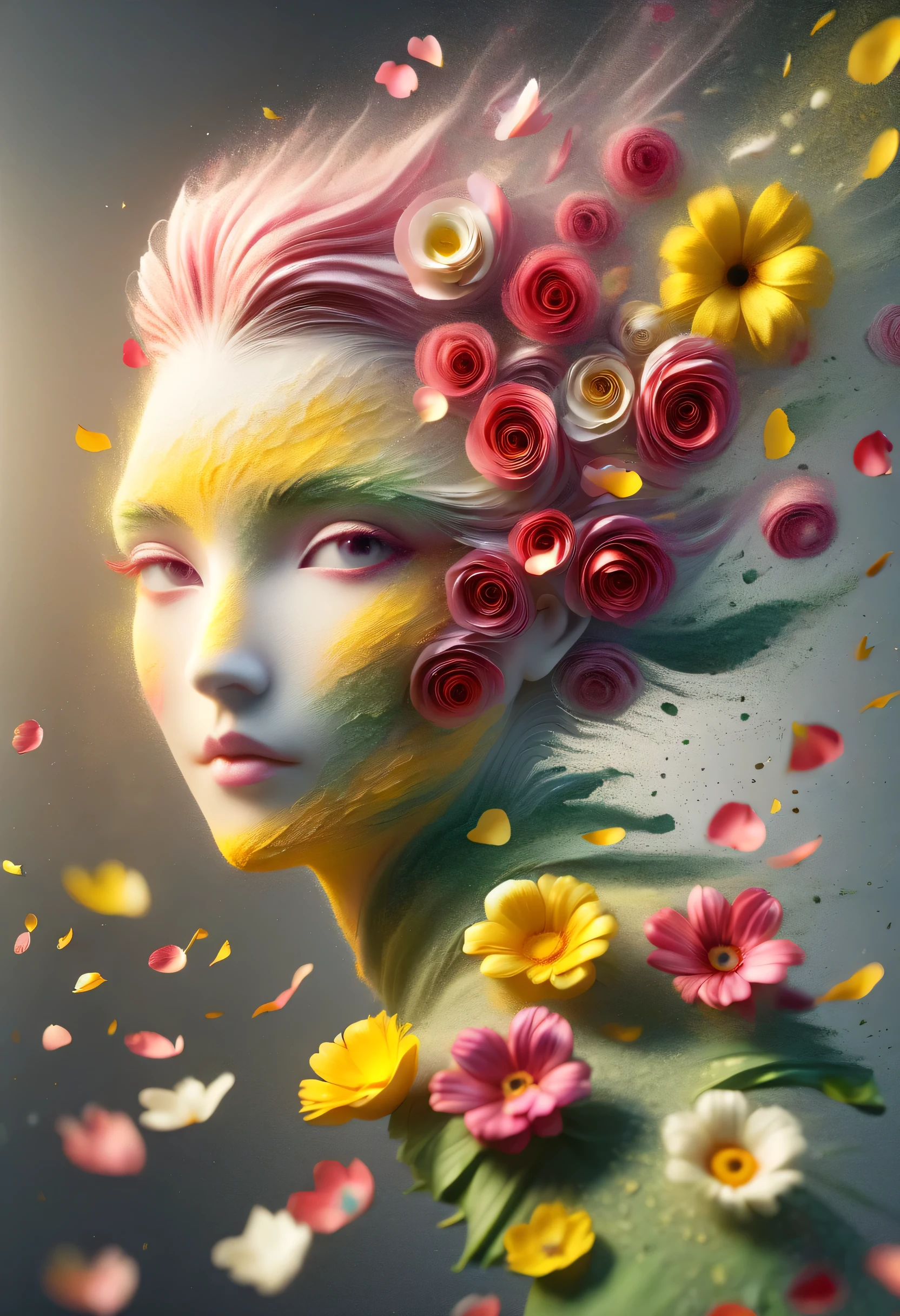 (Illusion d&#39;optique:1.4), a girl made of petals, Art conceptuel, (best quality, chef-d&#39;Ouvrages d&#39;art, Representative work, Art officiel, professionnel, 8K)