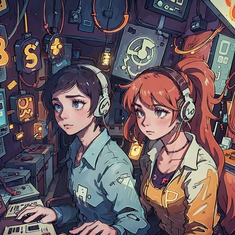 a boy and a girl are listening to music with headphones together in an old vinyl store, a room with a lot of singer poster, 80s ...