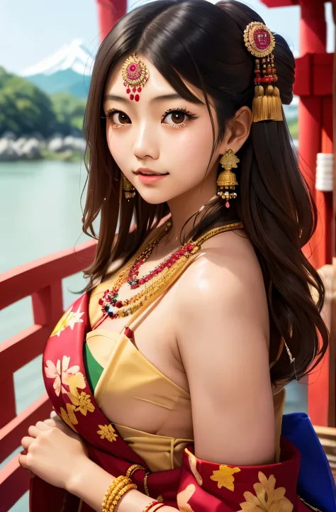 A Japanese girl wearing indian jewellery, perfect nude naked, bobs size (1.6)