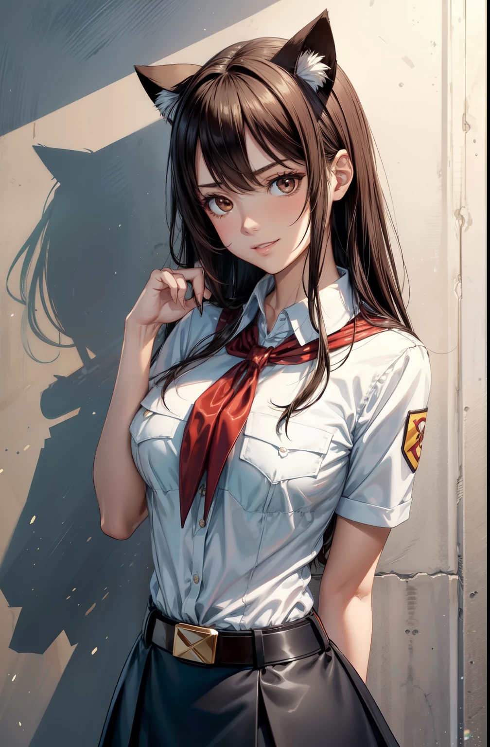 very young slim fit girl, full height, rounded face, very long disheveled dark brown hair, big brown eyes, shy smile, perfect flat breast, band on head with fake cat ears, sashagrey, pioneer neckerchief, short tight blue pleated skirt, bangs, tight white shirt, short sleeves, collared shirt, belt, red neckerchief, breast pocket, white wall, hitomitanaka