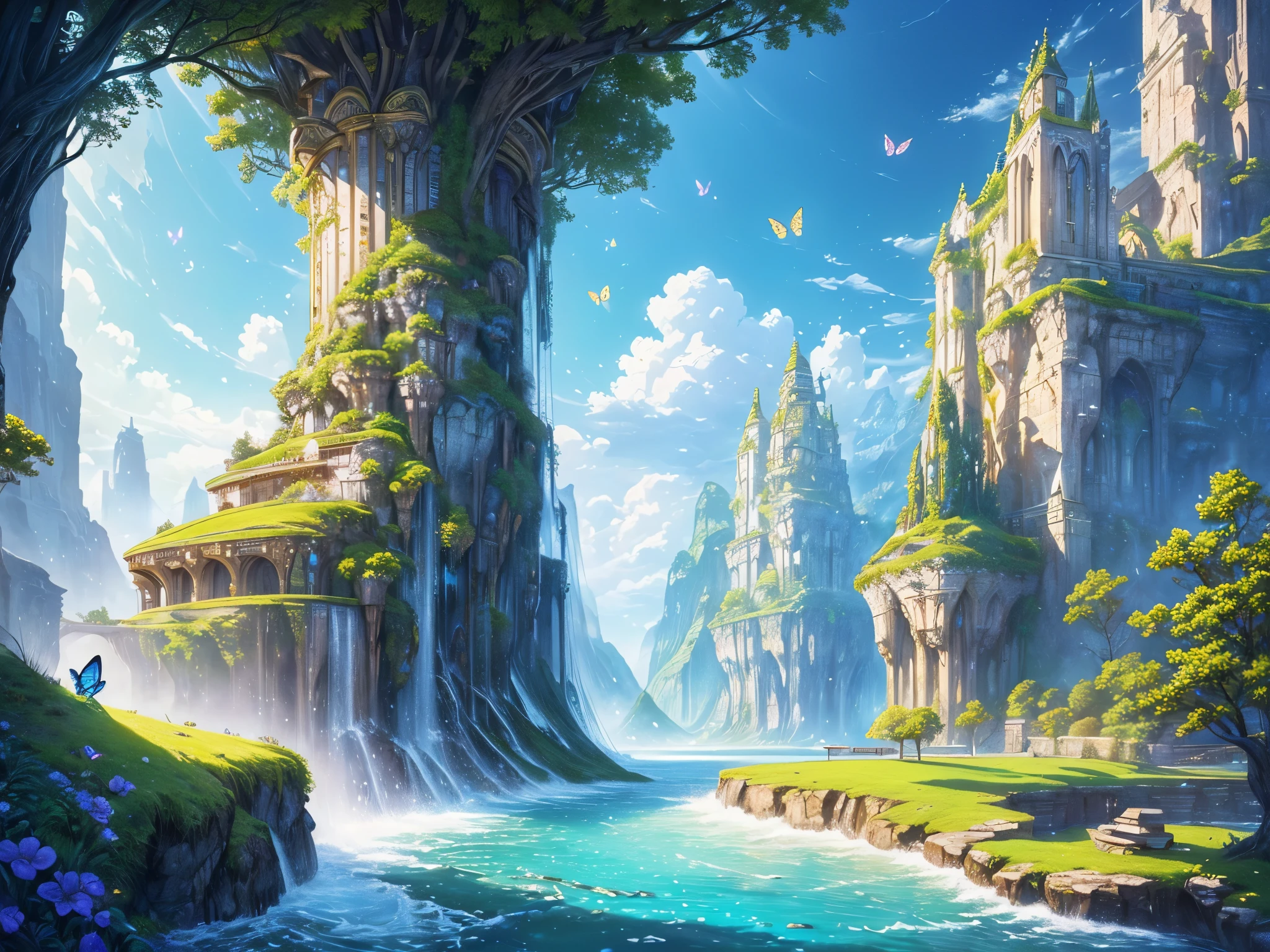 ((highest quality)),(ultra high resolution),(Super detailed),(detailed description),((best CG)),(best work of art),super precision art,amazing drawing art,(Fantasy art with precise details:1.5), Utopia of eternal spring,coloured butterflies、The blue sky spreads everywhere、clear stream、small flowers々、