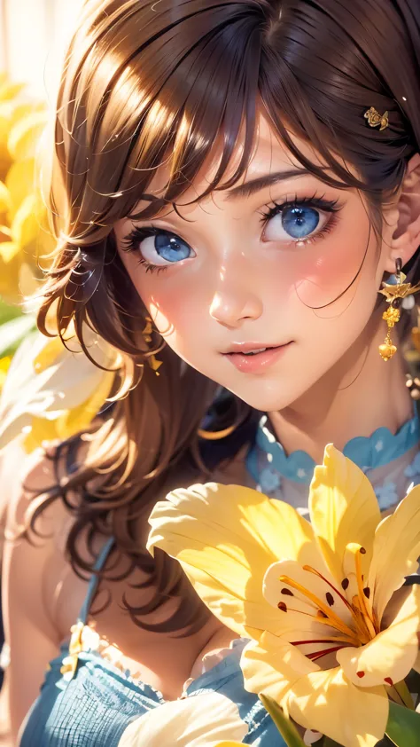 1 girl, Blue eyes. Full-length, holding a lily in her hand, short blue bell dress with yellow stripes, straps, and open shoulder...