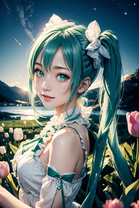 hatsune miku,twin tails,Beautiful emerald green eyes,white skin,hatsune miku costume,white ruffle dress,green ribbon around neck...