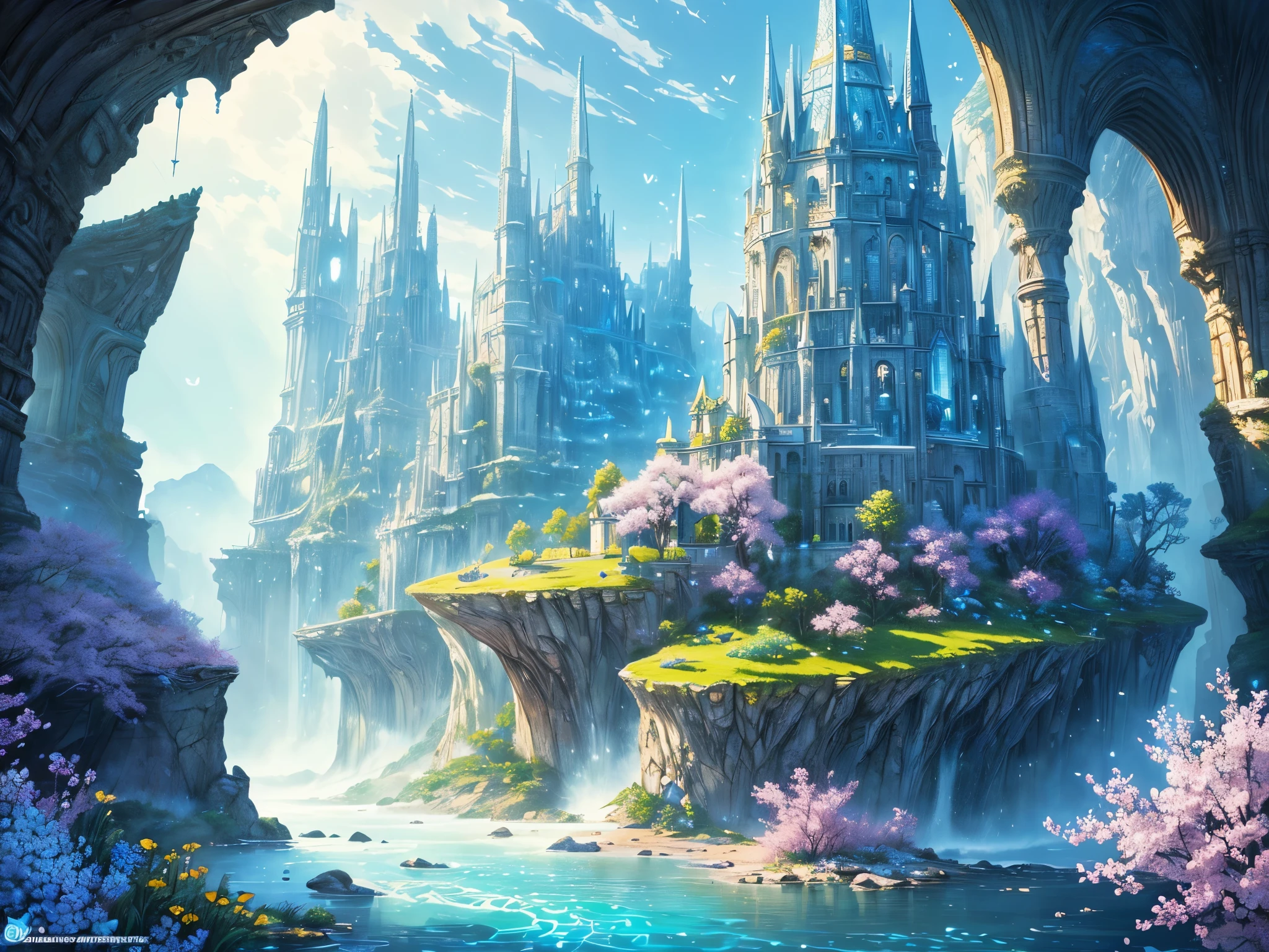 ((highest quality)),(ultra high resolution),(Super detailed),(detailed description),((best CG)),(best work of art),super precision art,amazing drawing art,(Fantasy art with precise details:1.5), Utopia of eternal spring,coloured butterflies、The blue sky spreads everywhere、clear stream、small flowers々、