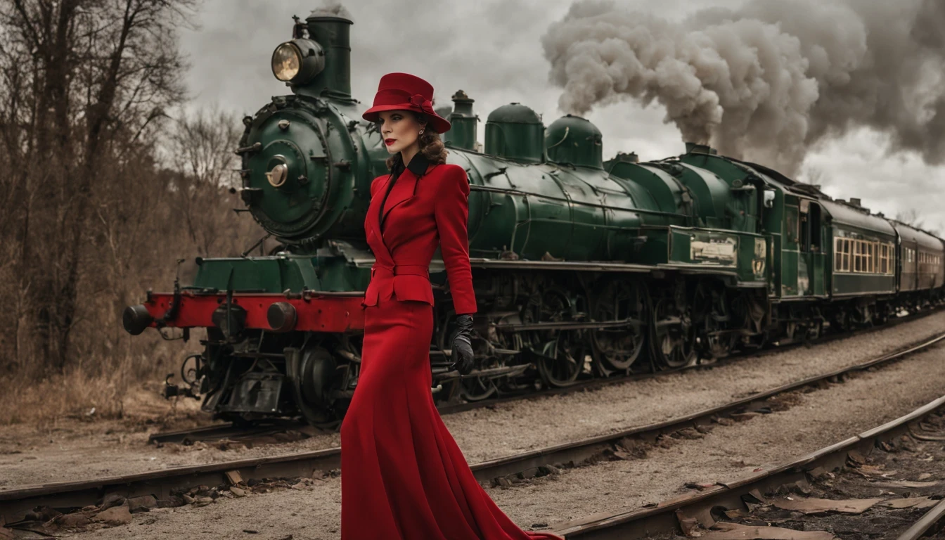 mulher araffe, (Kate Beckinsale) (27 anos) com vestido Vermelho, The skirt is long to the floor and the hat touches the train., Roupas estilo anos 1930, dressed like in the 1940s, Vestido vermelho escuro, por Anna Haifisch, por Emma Andijewska, Dieselpunk Station, Anna Nikonova, roupas verde-escuras ornamentadas, Moda vintage, 1920s Vibes