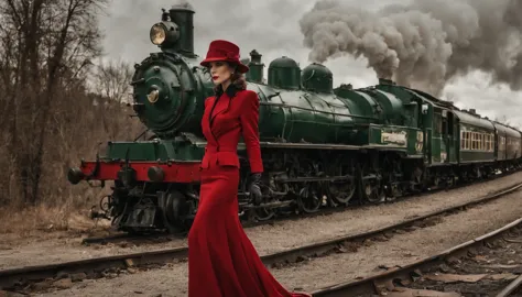 mulher araffe, (Kate Beckinsale) (27 anos) com vestido Vermelho, The skirt is long to the floor and the hat touches the train., ...