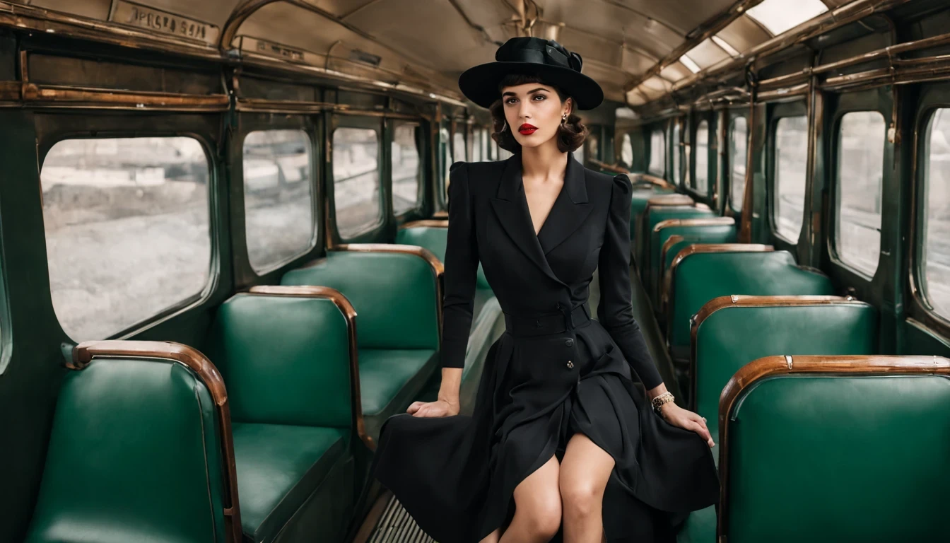 mujer arafe, (Dua Lipa) (27 años) con un vestido negro La falda es larga hasta el suelo y el sombrero descansa sobre la cola, ropa estilo años 30, vestido como en los años 1940, vestido negro, por Anna Haifisch, por Emma Andijewska, Estación Dieselpunk, Anna Nikonova, ropa adornada de color verde oscuro, Moda vintage, vibraciones de los años 20