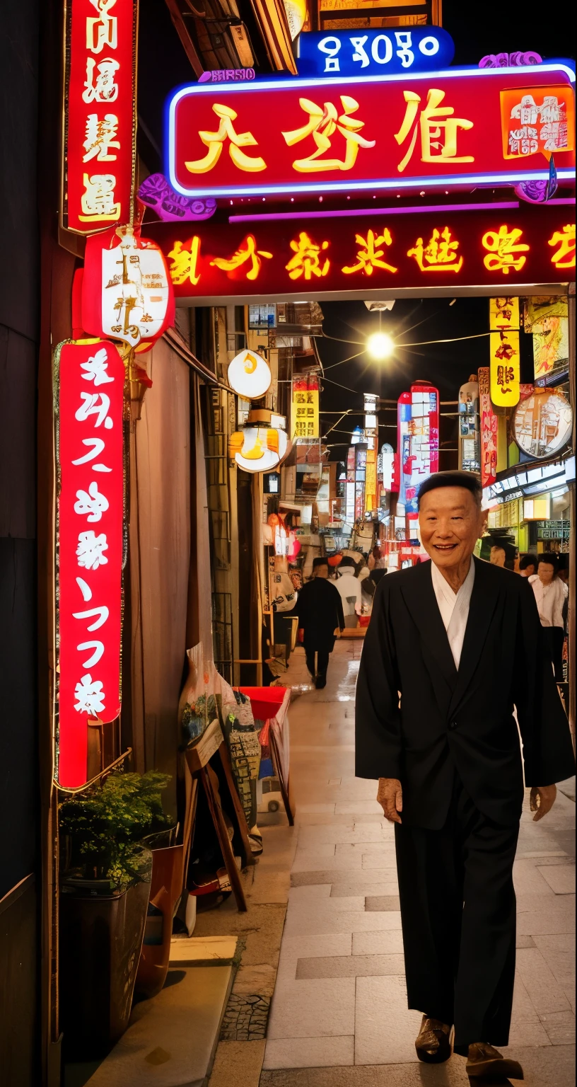 Améliorez encore la scène en rendant les rues du quartier des bars d'Osaka des années 1960 encore plus animées et animées, rempli de gens et de néons. Ajuster l'apparence de l'homme pour qu'il soit plus rude et mature, s'éloignant du look beau pour incarner un plus usé, personnage chevronné avec une forte présence. Il tient toujours le bébé et porte le yukata traditionnel, mais ses traits sont maintenant plus définis, avec une expression sévère qui reflète ses expériences de vie. L'effet vintage de l'appareil photo Kodak persiste, ajouter une texture granuleuse et un ton sépia pour capturer l'atmosphère de l'époque, rendant la scène plus vibrante tout en conservant sa profondeur cinématique.