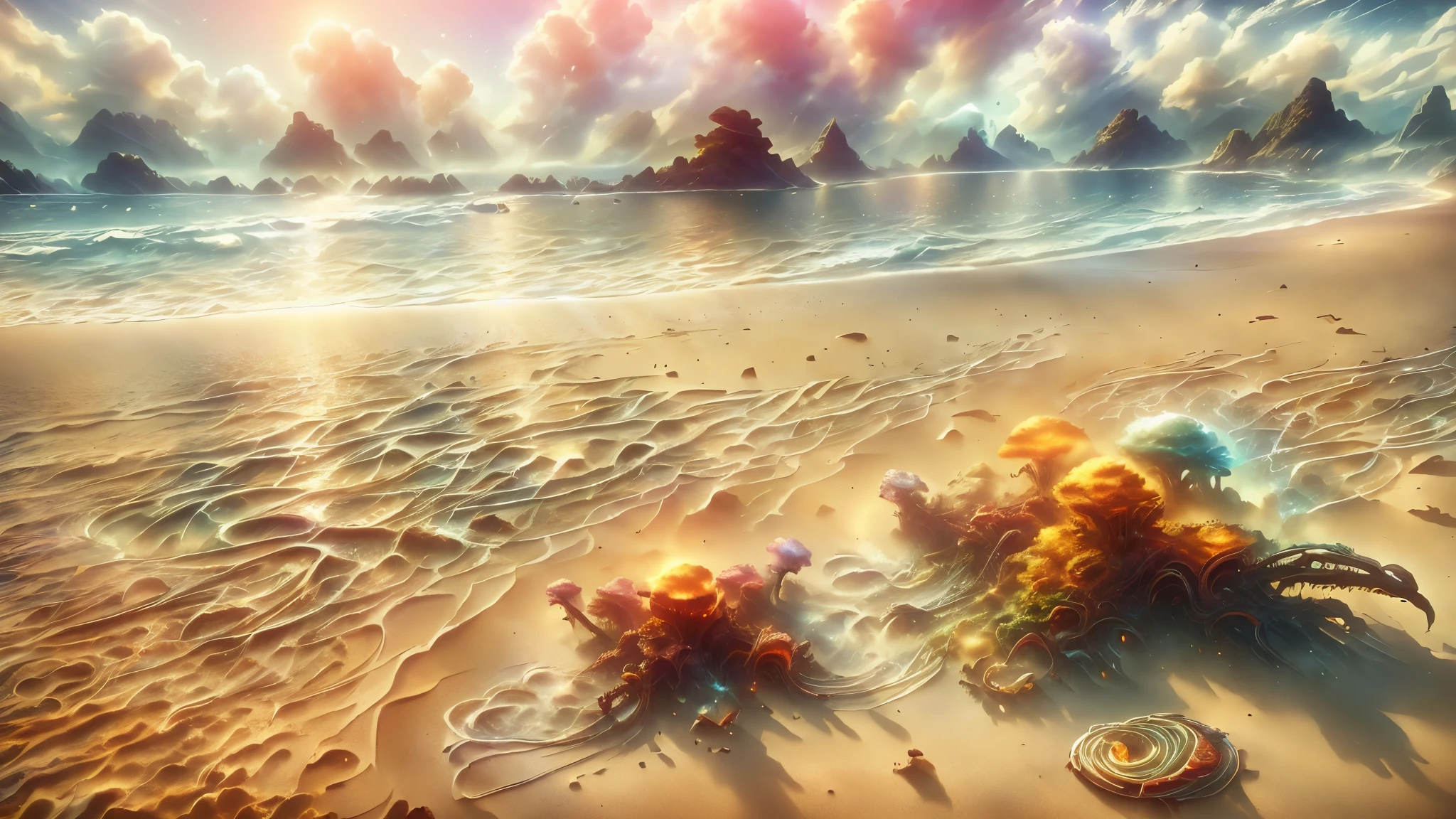 Masterpiece, best quality, 8k, panoramic view, magical scenery, outdoors, day, Beach, Sand that looks like a golden carpet. Sky, cloud, day, without humans, soft sound, waves, Starfish, chatty crabs, noisy seagulls, which filled the environment with their animation.