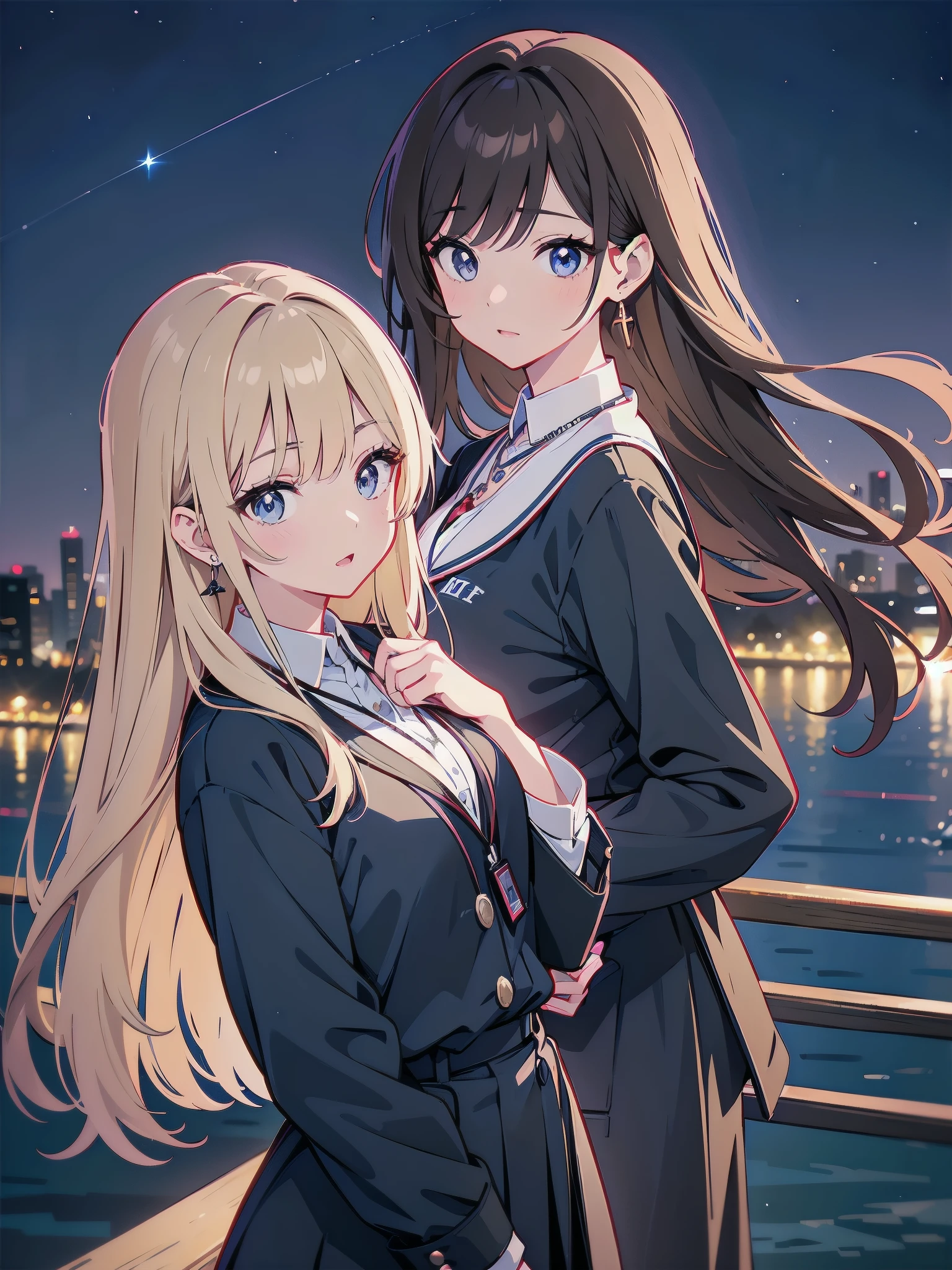 A 2 adult female office worker is wearing a high school uniform.、Anime style illustration for men、Bank of the river in Tokyo late at night、Lob hair with dark brown highlights and light brown hair、taller、sapphire earrings and necklace、night sky and night view、eyes are horizontal、Less eyelashes、light makeup、Boss with sisterly skin