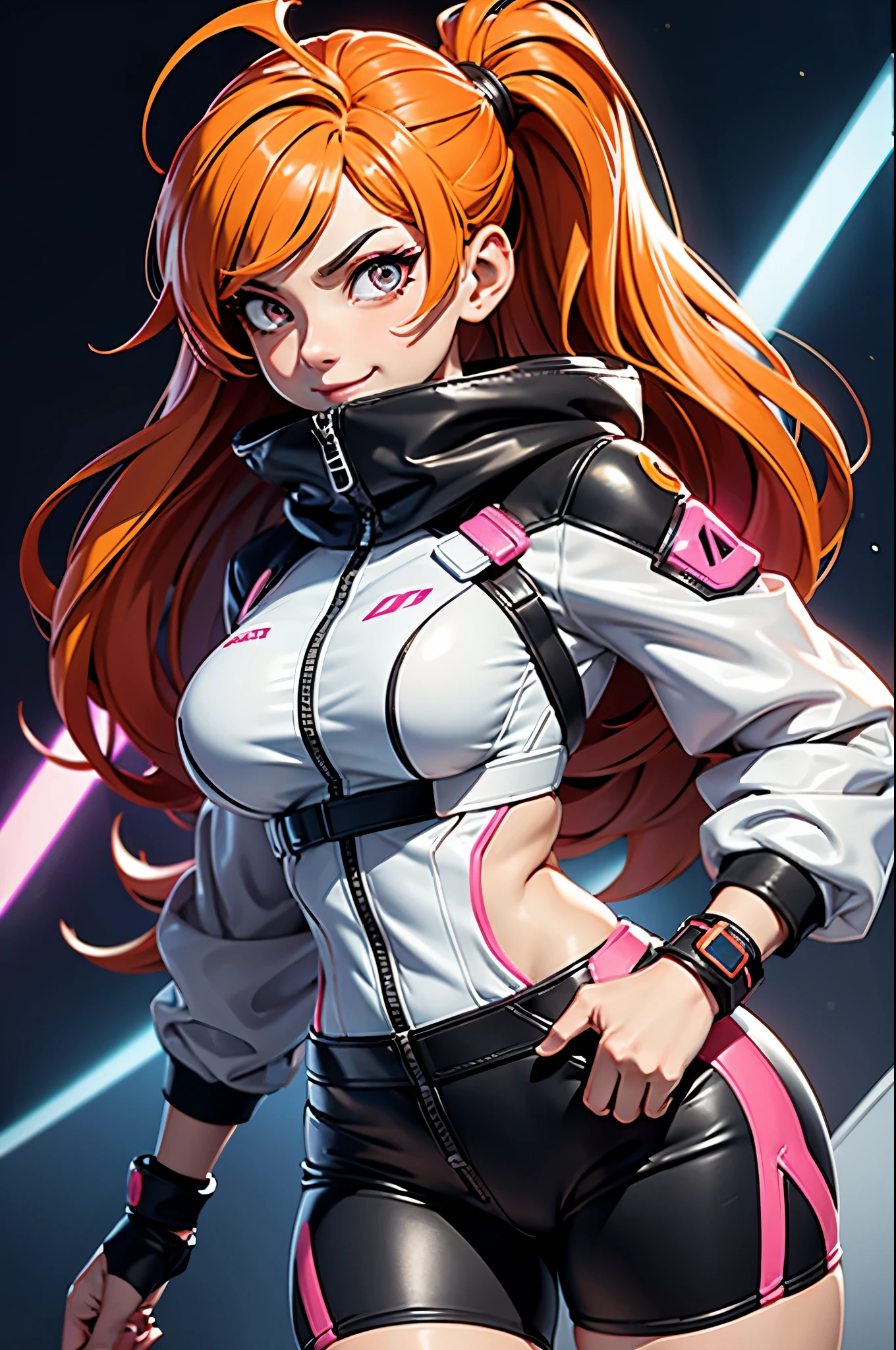 Draw a manga-style character with a physical appearance with this form of the hair Orange with black highlights, tied into glow two ponytails shaped like , Pink color eyes, bright, and expressive and Build Slim and athletic, Attire Upper Body White leather jacket with cyberpunk details, such as integrated LED lights or futuristic lines, Lower Body Sporty bikini in orange, white, and black colors, blending with the cyberpunk style while allowing freedom of movement for physical activities, Personality Creative and curious Always seeking new experiences and forms of expression, Her creative mind drives her to constantly explore new ideas and concepts,glow bikini suggestive, white skin girl,smile coquette, big  , ojos color rosa, mini skirt, muslos, senos visibles, side 