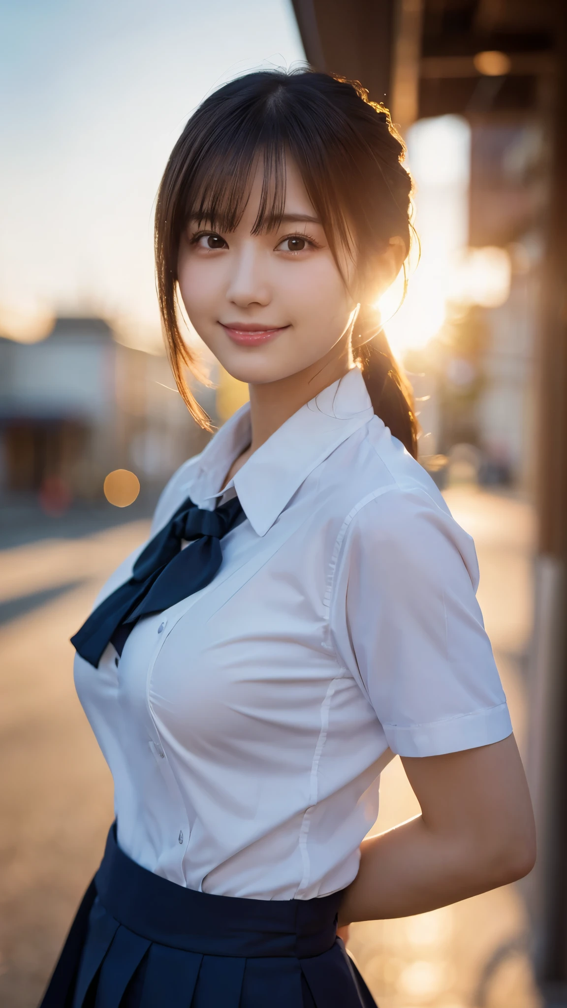 (highest quality,masterpiece:1.3,ultra high resolution),(Super detailed,caustics,8k),(photorealistic:1.4,RAW shooting),1 girl,(smile and look down at the camera),(front shot:1.1),(face forward),18-year-old,cute,Japanese,black short ponytail,,glamorous,(big boobs),( close up),(breast focus),street,sunshine,Natural light,(Backlight),(A bright light shines from behind),(Lens flare),professional writing,(cowboy shot),(low position:1.3),(Low - Angle:1.3)