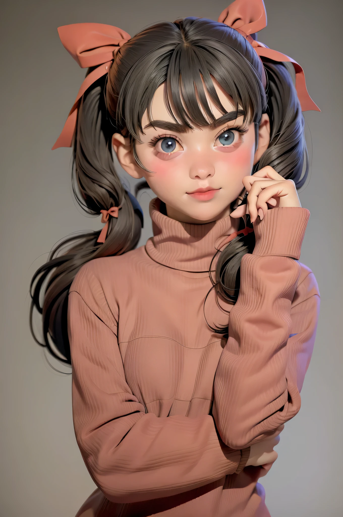 1girl, tohsaka rin, solo, long hair, sweater, red sweater, looking at viewer, blue background, black hair, simple background, two side up, turtleneck, blue eyes, lips, closed mouth, ribbon, hair ribbon, bangs, turtleneck sweater, upper body, parted bangs, black ribbon, ribbed sweater, twintails, nose,