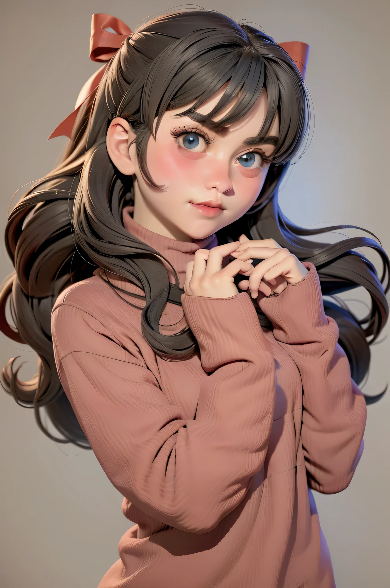 1girl, tohsaka rin, solo, long hair, sweater, red sweater, looking at viewer, blue background, black hair, simple background, two side up, turtleneck, blue eyes, lips, closed mouth, ribbon, hair ribbon, bangs, turtleneck sweater, upper body, parted bangs, black ribbon, ribbed sweater, twintails, nose,