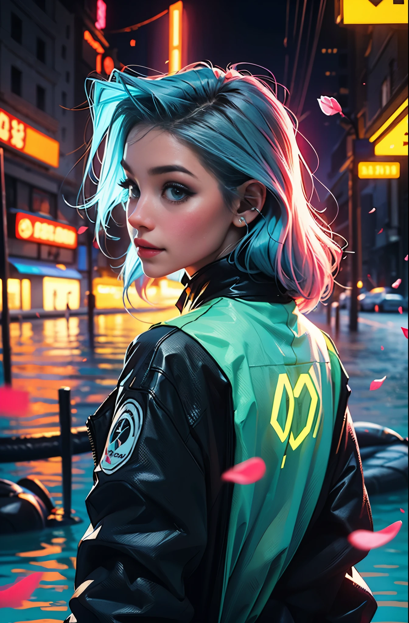 mujer femenina cyberpunk vistiendo (Chaqueta turquesa con detalles cromáticos:1.1), elegante mono completo rosa y blanco, vista lateral girando hacia la cámara, (Colorete de pétalos, Fondo de color azul laguna:1.3), Sonrisa asombrosa, mirando a la cámara, luces de neón 