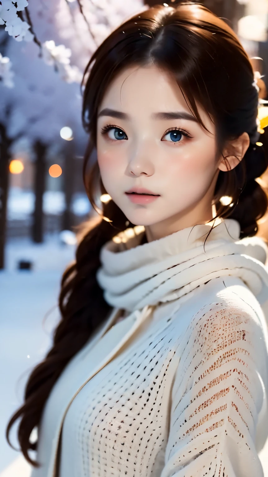 blush,long hair ponytail,big ribbon in her hair,(8k, RAW photo, highest quality, debris flies:1.2), (reality, reality的な:1.4), (Highly detailed 8k wallpaper), focus clearly on the chest, Depth of written boundary, cinematic lighting, soft light, Details beauty eye,Shiny and smooth light brown ponytail, asymmetrical bangs, shiny skin, super dense skin ,High resolution, high detail, detailed hairstyle, detailed beauty face, hyper real, perfect limbs, perfect anatomy ,1 Japanese girl,famous japanese idol, perfect female body,natural look,short eyelashes,double eyelid,look straight here,Hair style is ponytail,wear a ribbon, office,long ponytail hairstyle,wearing a scrunchie,wearing a long coat,street,stand up straight and face me,so that the whole body can be seen,winter,warm clothes,look straight at me,wearing a scarf,that&#39;that&#39;It&#39;s snowing,european cityscape,cobblestone road,European churches can be seen in the background,in front of a church in europe,At night,Illuminations are shining,