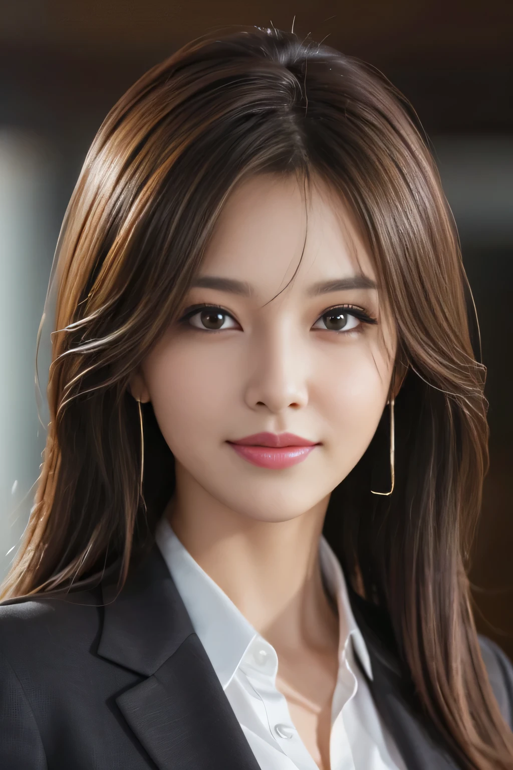 table top, highest quality, realistic, Super detailed, finely, High resolution, 8k wallpaper, 1 beautiful woman,, light brown messy hair, wearing a business suit, sharp focus, perfect dynamic composition, finelyて美しい目, thin hair, Detailed and realistic skin texture, smile, close-up portrait, model body shape