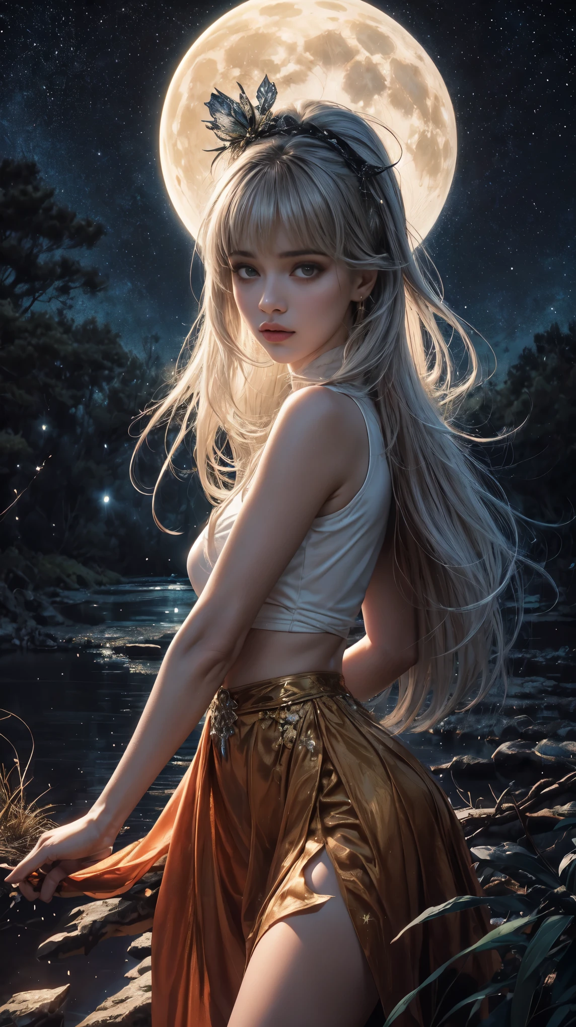 1 girl on a frozen lake, neve, night and starry sky, Trees, flowers, the girl wears a red leather jacket, black blouse and brown pants, focus on his face, your hair with the wind, dark curly hair, she looks at the moon and the stars, looks sad, is accompanied by a frightening shadow, she is accompanied by monsters, 1 girl with dark, curly hair