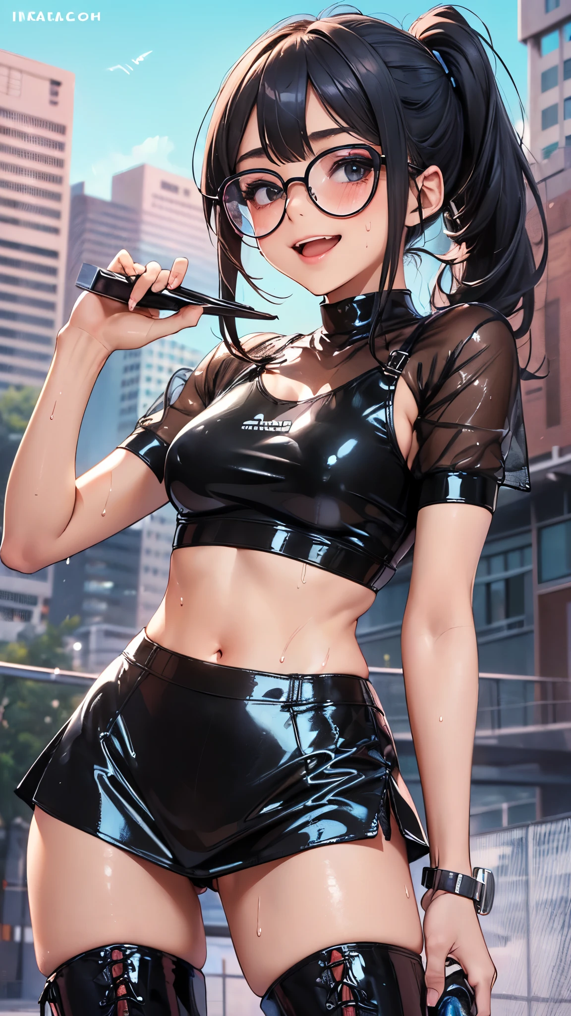 1 female,black hair,25 years old,(((blue shiny micro tight skirt)))((white tank top))(((blush、open mouth smile)),(((straight hair))),(((portrait))),crowd,,(wet with sweat)(sexy black bra and see-through tank top)(Glasses)(((small breasts)))((low ponytail))leather thigh high boots