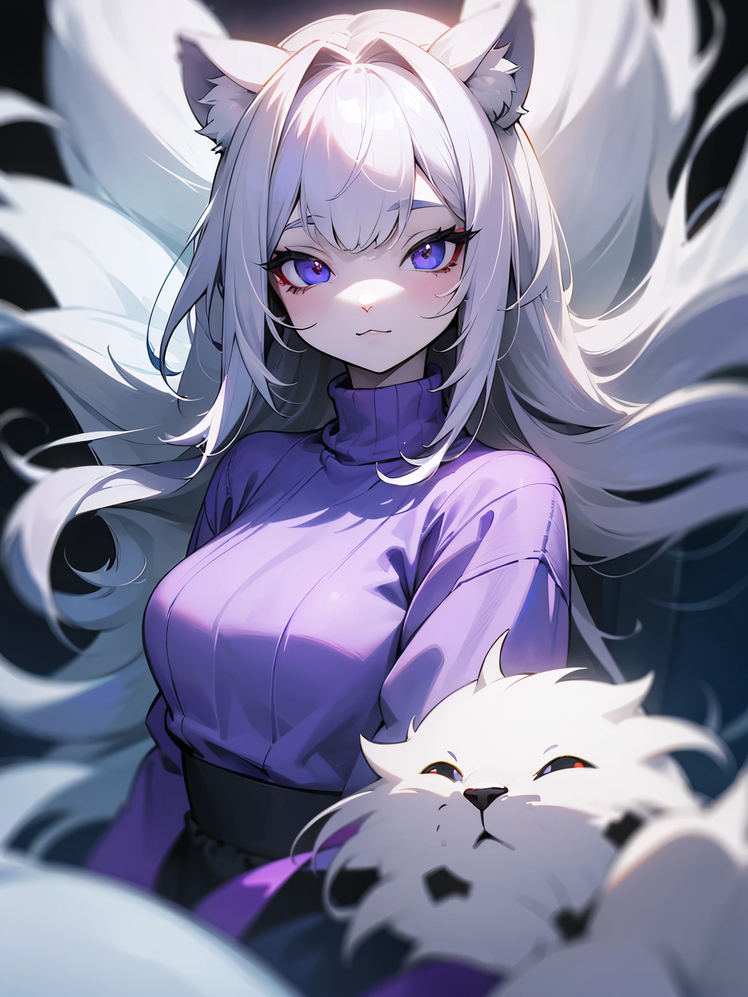 Anime girl with white hair and blue eyes holding a white cat - SeaArt AI