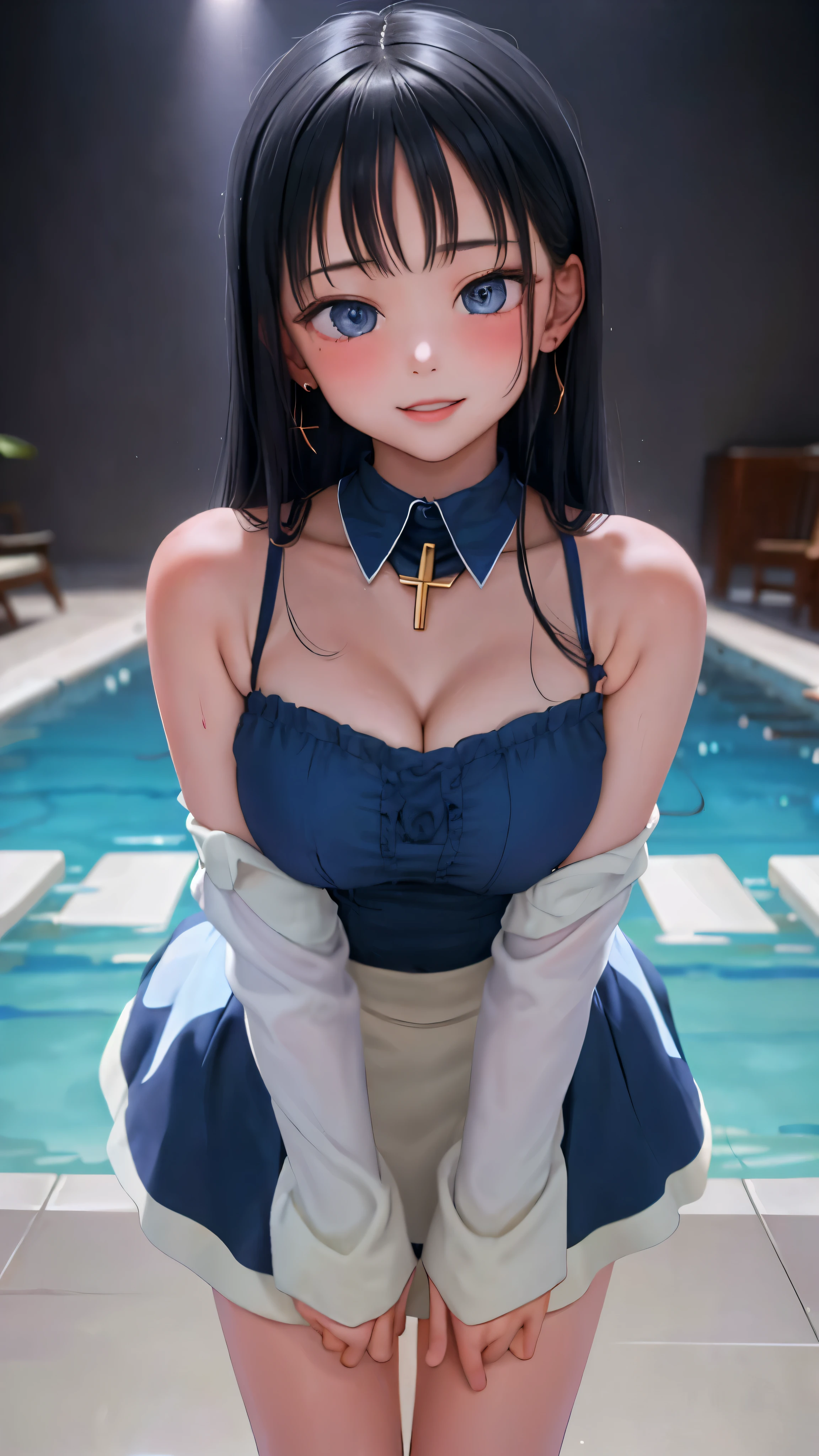 reality、8k、Super high chroma、13 year old girl、face reality、(((Emphasize big breasts and cleavage)))、smile、indoor pool background々sexy pose part 1.5、((()wet with water 1.5)))
