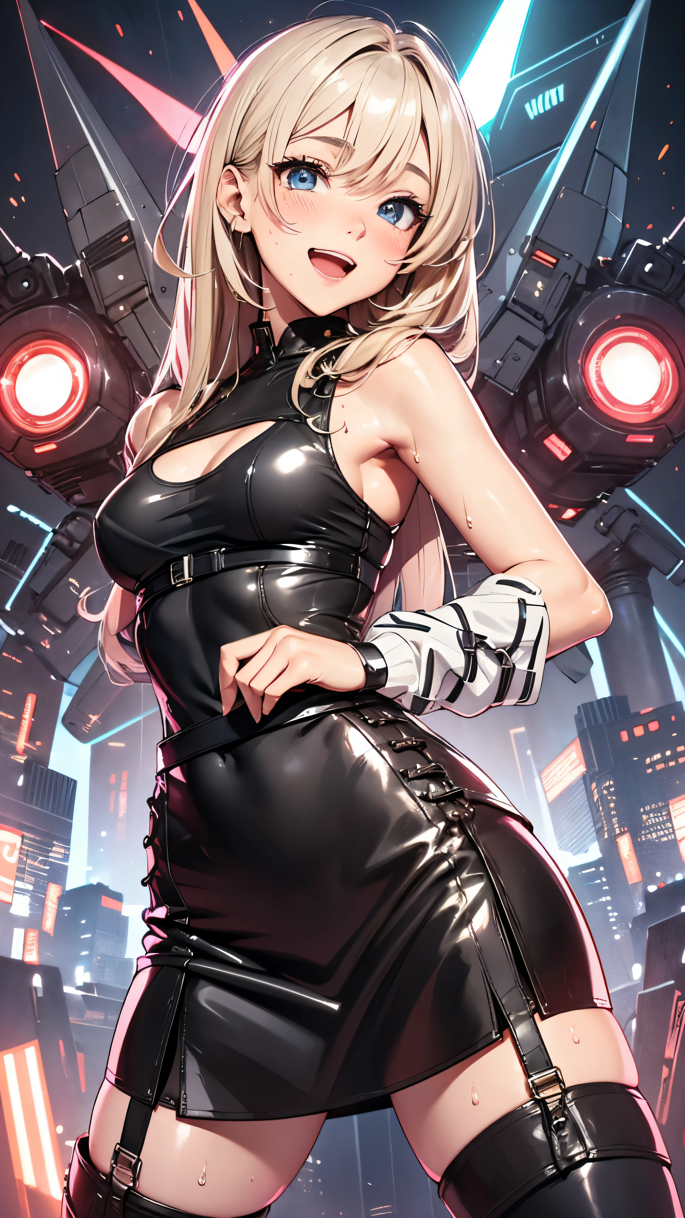 1 female,golden hair,25 years old,(((blue shiny micro tight skirt)))((white tank top))(((blush、open mouth smile)),(((straight hair))),(((portrait))),crowd,,(wet with sweat)(sexy black bra and see-through tank top)()(((small breasts)))leather thigh high boots