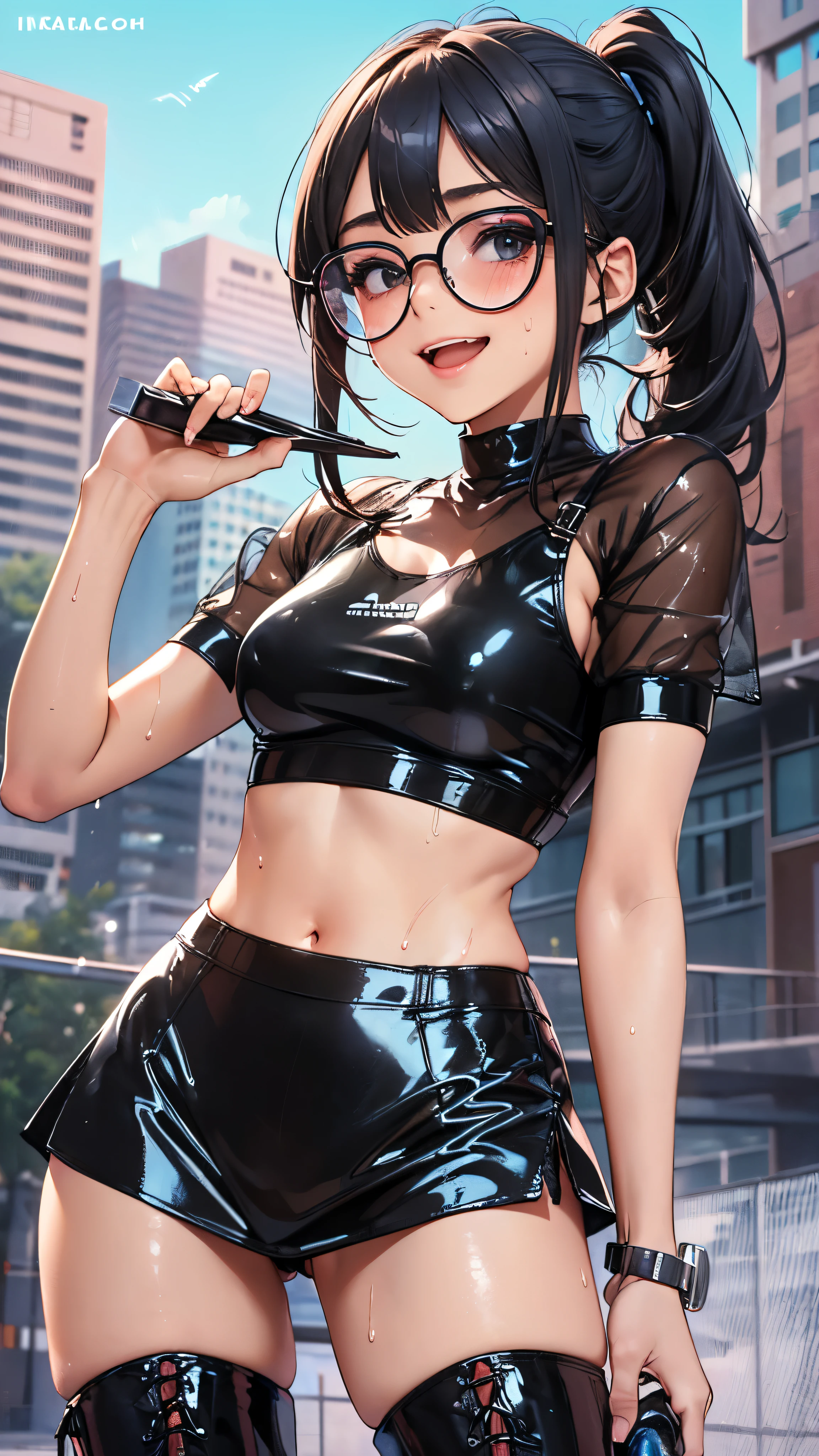 1 female,black hair,25 years old,(((blue shiny micro tight skirt)))((white tank top))(((blush、open mouth smile)),(((straight hair))),(((portrait))),crowd,,(wet with sweat)(sexy black bra and see-through tank top)(Glasses)(((small breasts)))((low ponytail))leather thigh high boots