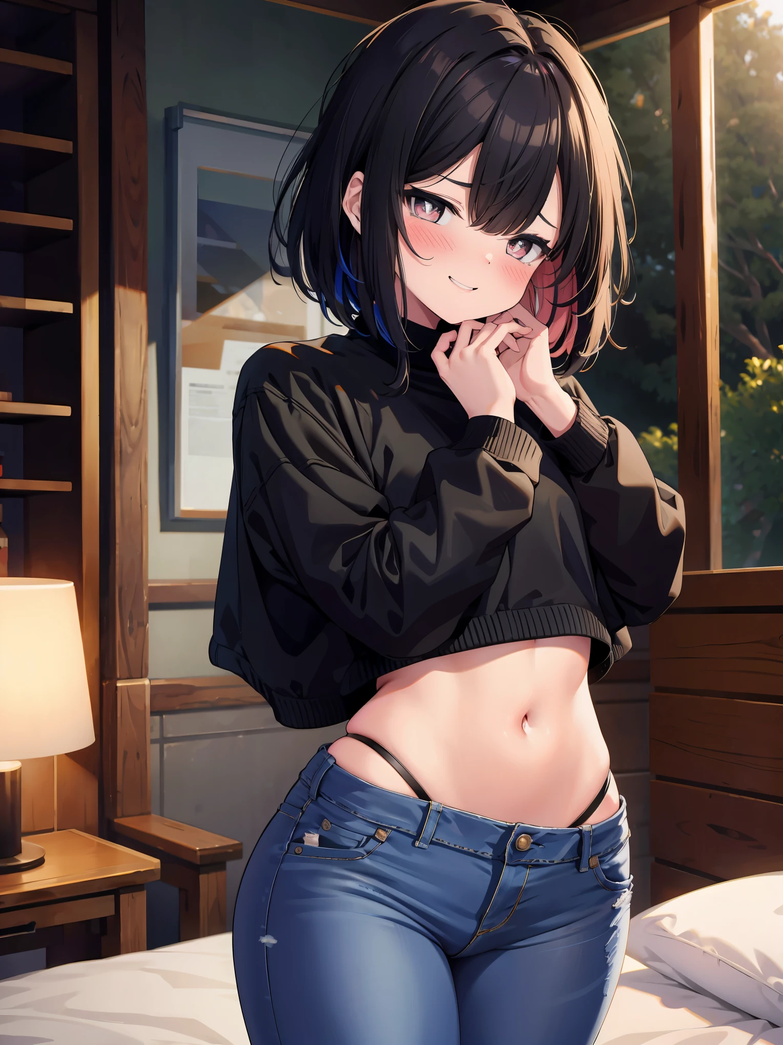 (cowboy shot), (best quality, ultra-high resolution, depth of field:1.2), adult, 1woman, toned body, medium breasts, wide hips, solo, black hair, streaked hair, short hair, bangs, cropped jacket, (black crop top), highleg, (highleg panty:1.2), highleg thong, (denim jeans:1.4), yandere, (blush:1.2), (shaded face:1.4), (grinning), (hands on own cheeks:1.4), looking at the viewer, upturned eyes, bright eyes, head tilt, side view, dim lighting, night, bedroom scenery, (blush:1.2), yandere, sadistic smile, glowing eyes, full-face blush, heart-shaped pupils,highleg panties