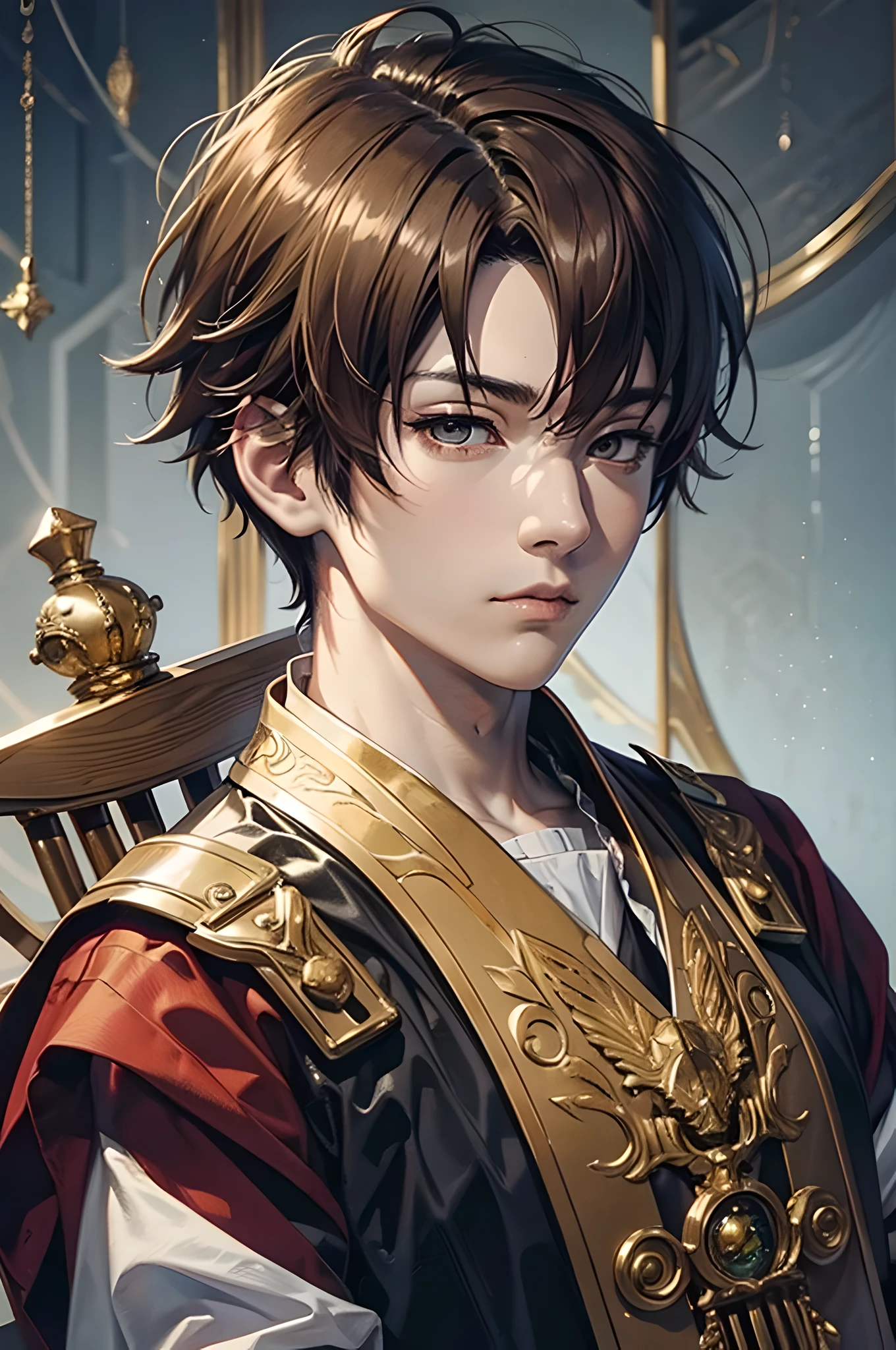 High resolution, highest quality, super detail, (detailed face) (detailed masterpiece), best quality, 1boy , ayanokoji kiyotaka , sitting , looking at the viewer , sitting on a throne , like a king , kings dress , apathetic face , cold eyes , staring at the viewer , no emotion , royalty , masterpiece , ultra sharp , high contrast , wallpaper , golden glow in eyes ,