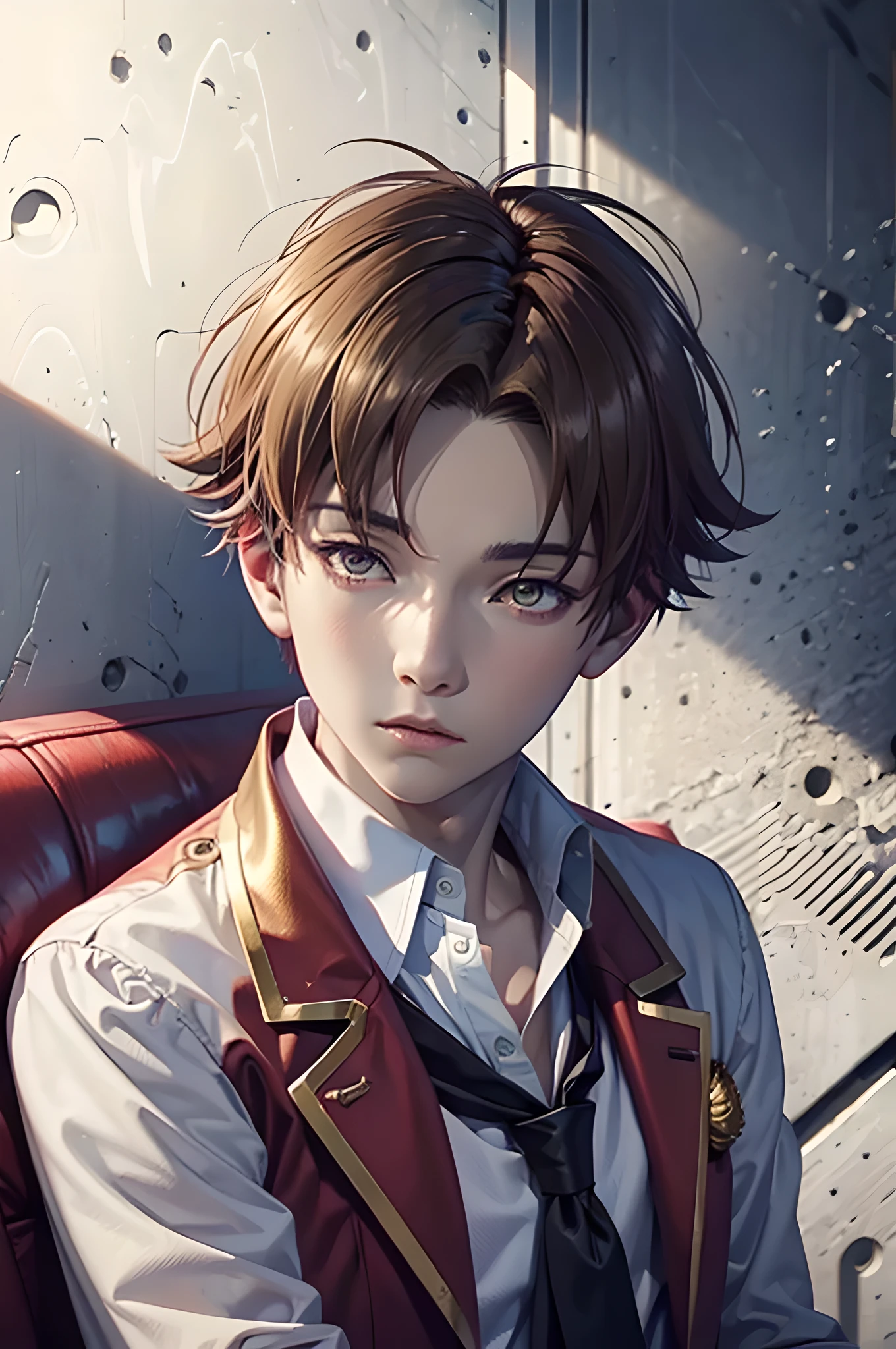 High resolution, highest quality, super detail, (detailed face) (detailed masterpiece), best quality, 1boy , ayanokoji kiyotaka , sitting , looking at the viewer , school uniform, white shirt, black necktie, red coat, apathetic face , cold eyes , staring at the viewer , no emotion , royalty , masterpiece , ultra sharp , high contrast , wallpaper , golden glow in eyes ,