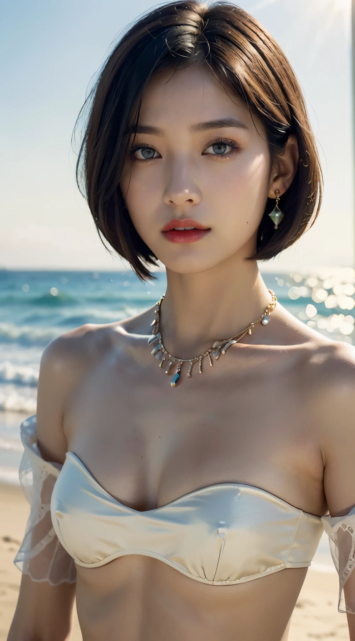 Nsfw、nude、((realistic Sunlight, 8k, highest quality, masterpiece: 1.3)), (realistic, sharp focus: 1.2), A very delicate and cute Japanese girl: 1.4, (1 girl)), perfect style, super detailed, High resolution, (off shoulder: 1.1), (black hair, short hair, bob cut: 1.2), (big, whole body: 1.3), Highly detailed face and skin texture, detailed and beautiful eyes, Slight redness on the face and nose, blue eyes, green eyes, red lips, eye make up, thin abs: 1.2, shiny skin, necklace, earrings, beach, outdoors, realistic shadow,