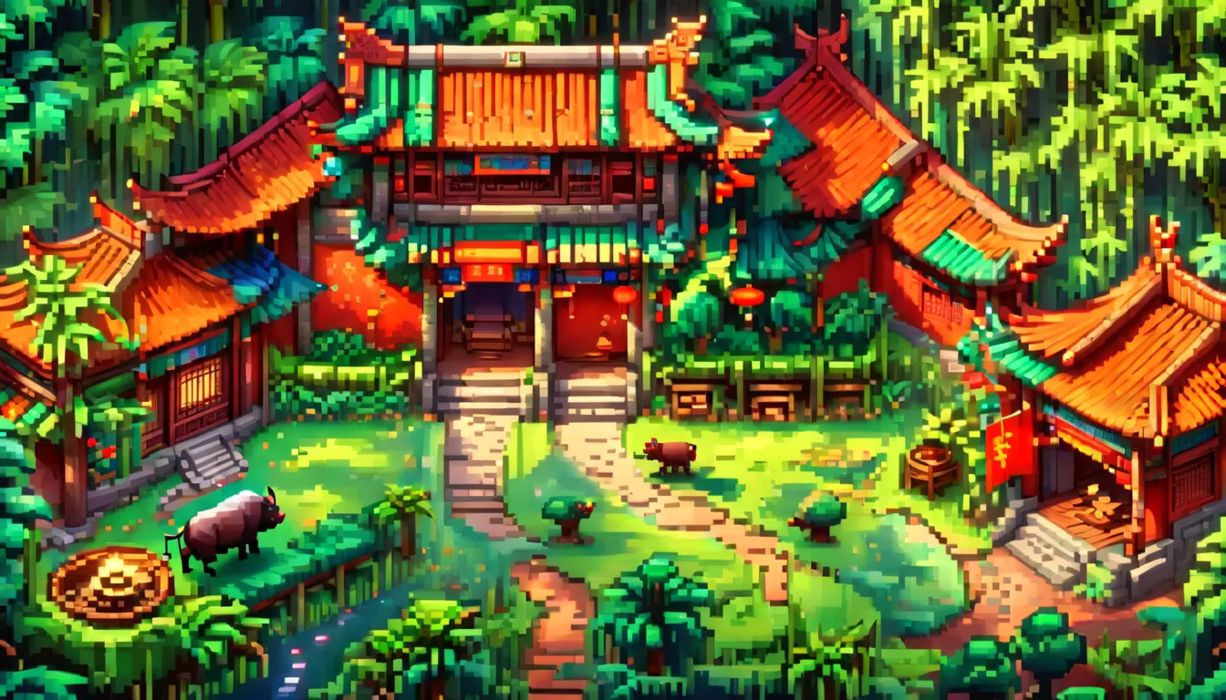 (Pixel game art style:1.2)，(masterpiece, best quality:1.2), ancient Chinese house，bright colors，traditional brick building，bambo...