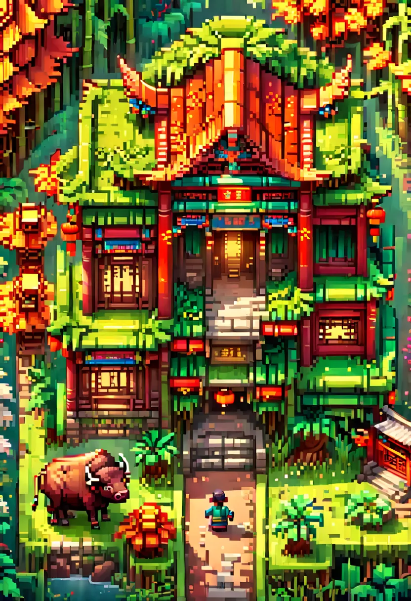 (Pixel game art style:1.2)，(masterpiece, best quality:1.2), ancient Chinese house，bright colors，traditional brick building，bambo...