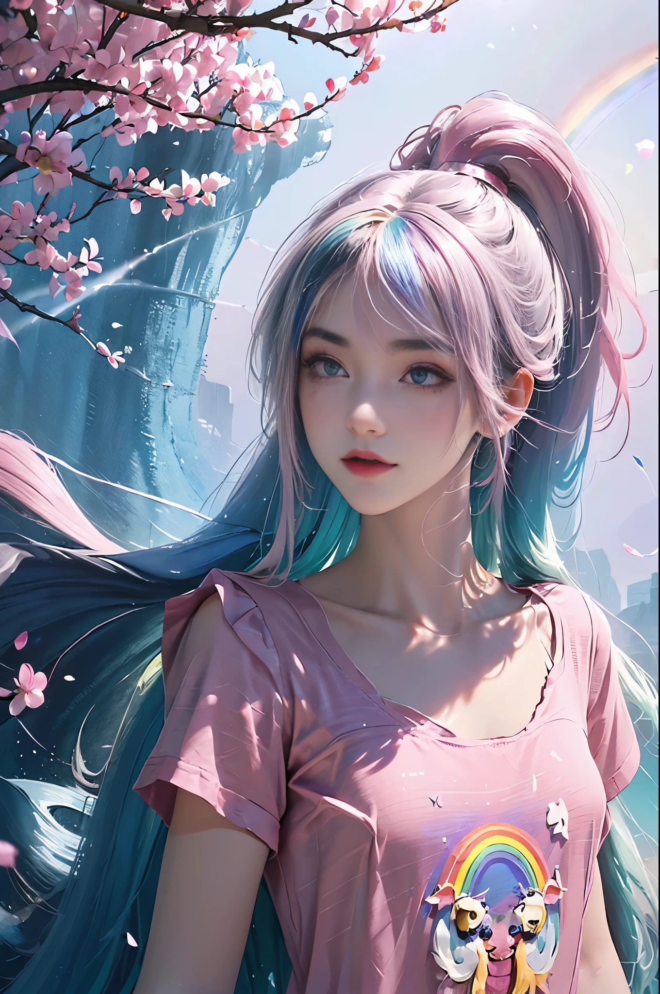 (Pink fashion T-shirt: 1.9), (Colorful hair: 1.8), (All colors of the rainbow: 1.8), (((Vertical paintinging: 1.6))), (paintinging: 1.6), front, comics, illustration, paintinging, big eyes, crystal clear, (Rainbow gradient high ponytail: 1.7), Exquisite makeup, shut up, (Little fresh: 1.5), (Bando: 1.6), long eyelashes, White off-shoulder T-shirt, white shoulder shirt, looking at the audience, 水汪汪的big eyes, (rainbow hair: 1.6), 色彩飞splash, (alone:1.8), 色彩飞splash, color explosion, 颜色飞splash, color explosion, 厚漆wind格, messy lines, ((Shiny)), (rich and colorful), (rich and colorful), (rich and colorful), rich and colorful, Thick painting Style, (splash) (Color splash), Vertical paintinging, Upper body, painting splash, acrylic paint, slope, painting, Highest image quality, masterpiece, alone, depth of field, Face painting, rich and colorful clothes, (grace: 1.2), Gorgeous, long hair, wind, (grace: 1.3), (petal: 1.4), ((masterpiece))), ((best quality))), (Super detailed), (illustration), (dynamic angle), (floating), (painting), ((loose hair)), (alone), (1 girl), ( ( ( Detailed anima face))), (( Beautiful and delicate face)), collar, bare shoulders, white hair, ((colored hair)), ((striped hair)), Beautiful and delicate eyes, (Gradient eye), (colored eyes))), (Colorful background))), (high saturation))), ((surrounded by rich and colorful splashes))),