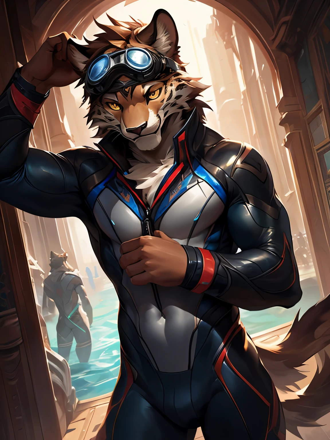 4k, ,8K, A high resolution, best quality, perfect colors, perfect shadows, perfect lighting, posted on e621, (by Chunie, by canyne khai, by t.y.starale), male, furry, Leopard anthro, solo, yellow eyes, (Realistic eye details 1.2), on the ship, wearing wetsuit, diving goggles on the head, Full body like, Slim body, dramatic lighting, soft lighting, day, highly detail, Hair coiled, delight, Standing up position, cool pose charm, Abstract beauty, centre, Looking at the camera, Facing the camera, nearing perfection, Dynamic, highly detailed, illustration, (Realistic background), ((Bonifasko lighting)), (Detailed eyes), perfect pupils, detail eyes, detail fluffy fur, (seductive face:1.2), fit body, Looking at the camera,, fit body, perfect male figure, Detailed fur, Detailed face, Perfect face, Detailed background, (Complex), (Super Detail), (Ultra Clear), (Best Quality)