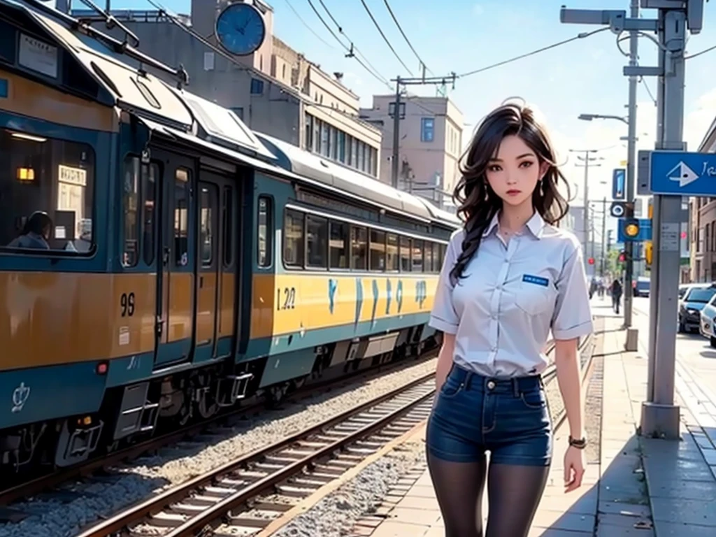 (best quality,4k,8k, highres, masterpiece:1.2), ultra-realistic, photorealistic, photo-realistic:1.37), train station, full of students, big clock, destination guide, office worker runs, new type of train