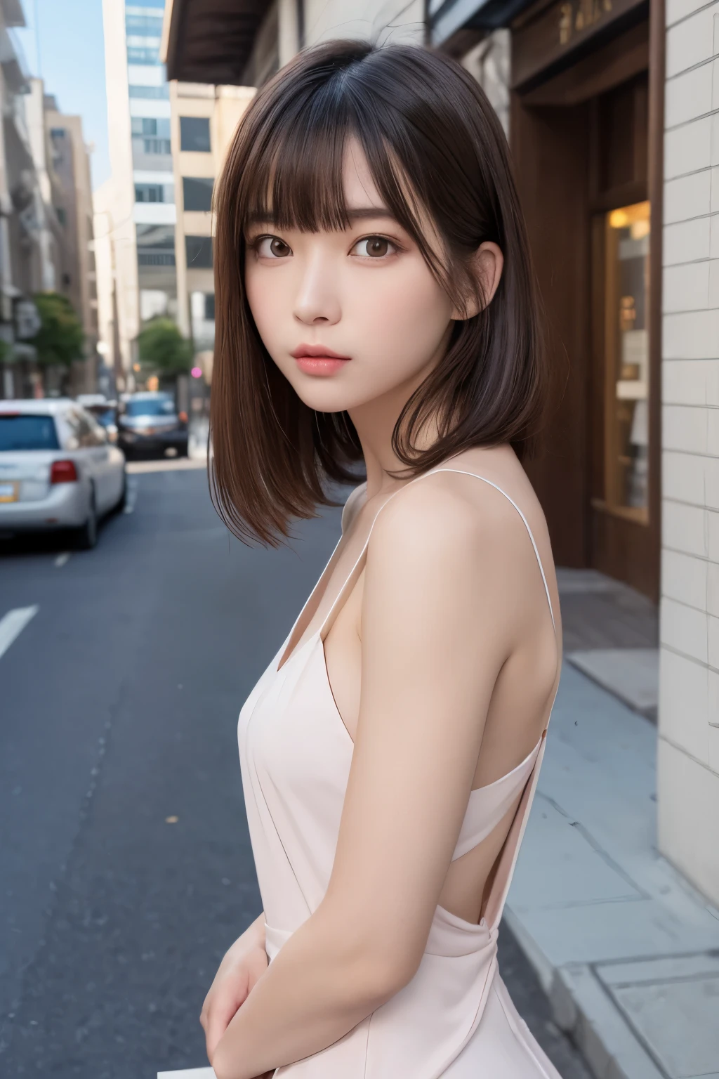 ２０Year old Japanese single girl、(beautiful girl、Slender Girl:1.3)、(15 years old:1.3)、BREAK、nsfw、(side cut dress:1.3)、(show nude、side boob:1.3)、BREAK、Very detailed definition、(symmetrical eyes:1.3)、BREAK、(Street view:1.3)、(shot from the side、Upper body)、BREAK、small breasts、brown eyes、parted bangs、brown hair、girl、BREAK、(eyes and face)with detail:1.0)、BREAK、(master piece、highest quality、Super detailed、detailed face、8K)