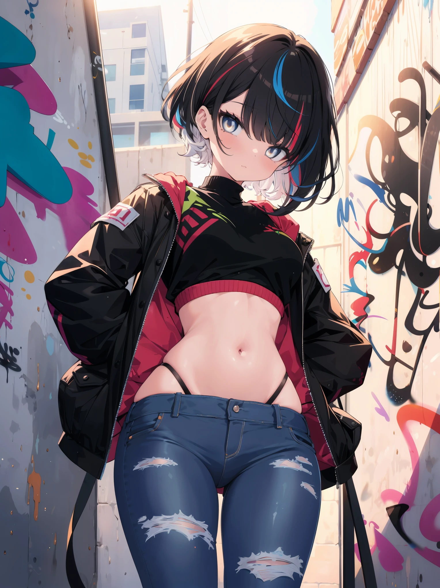 (cowboy shot), (best quality, ultra-high resolution, depth of field:1.2), adult, 1woman, toned body, medium breasts, wide hips, solo, black hair, streaked hair, short hair, bangs, cropped jacket, (black crop top), (mesh under clothes), highleg, highleg panties, highleg thong, (denim jeans), (graffiti:1.4), paint-stained clothes, slouching, laying on the wall, looking at viewer, upturned eyes, bright eyes, head tilt, bored, arms behind back