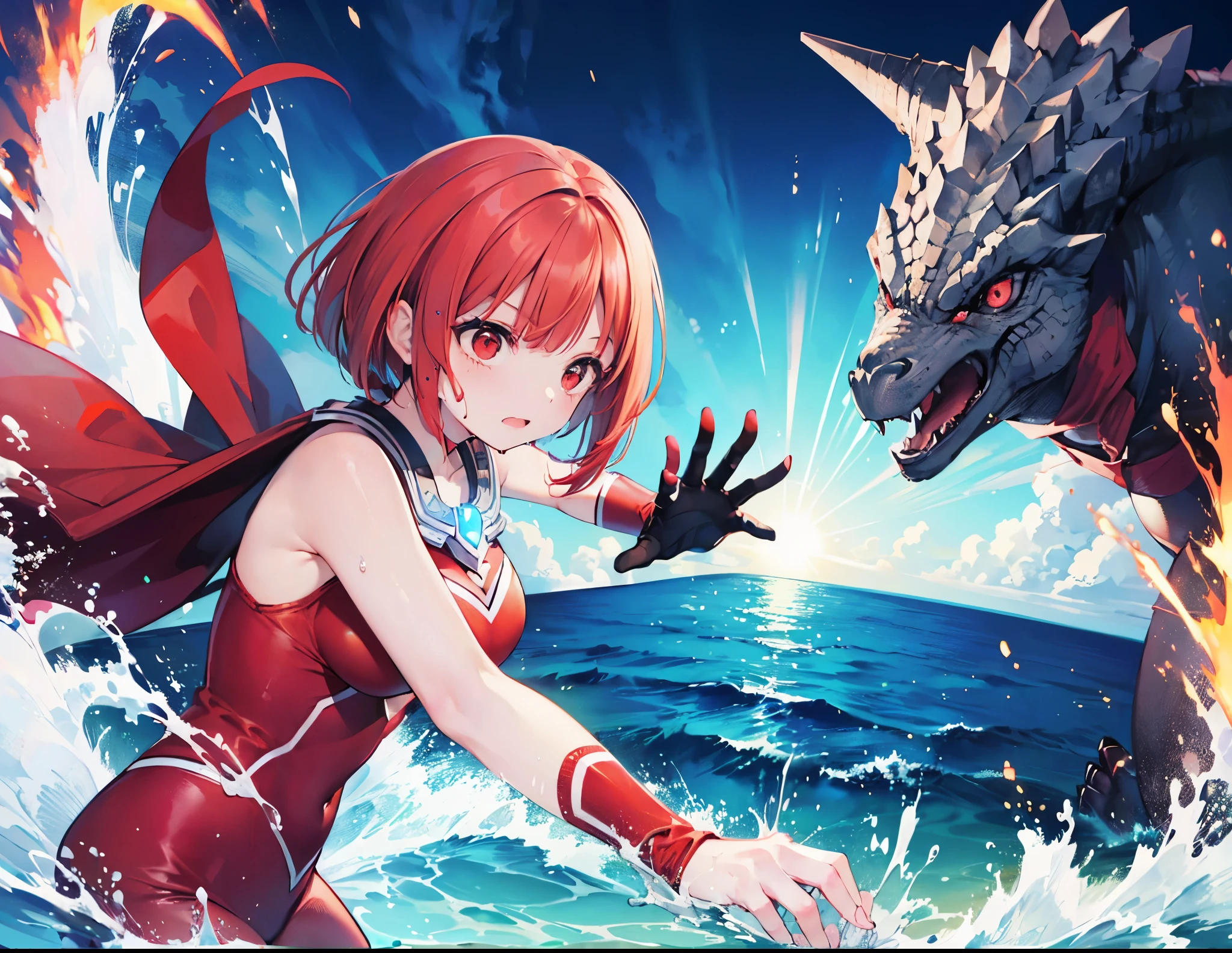 Anime girl in red dress with dragon on the beach - SeaArt AI