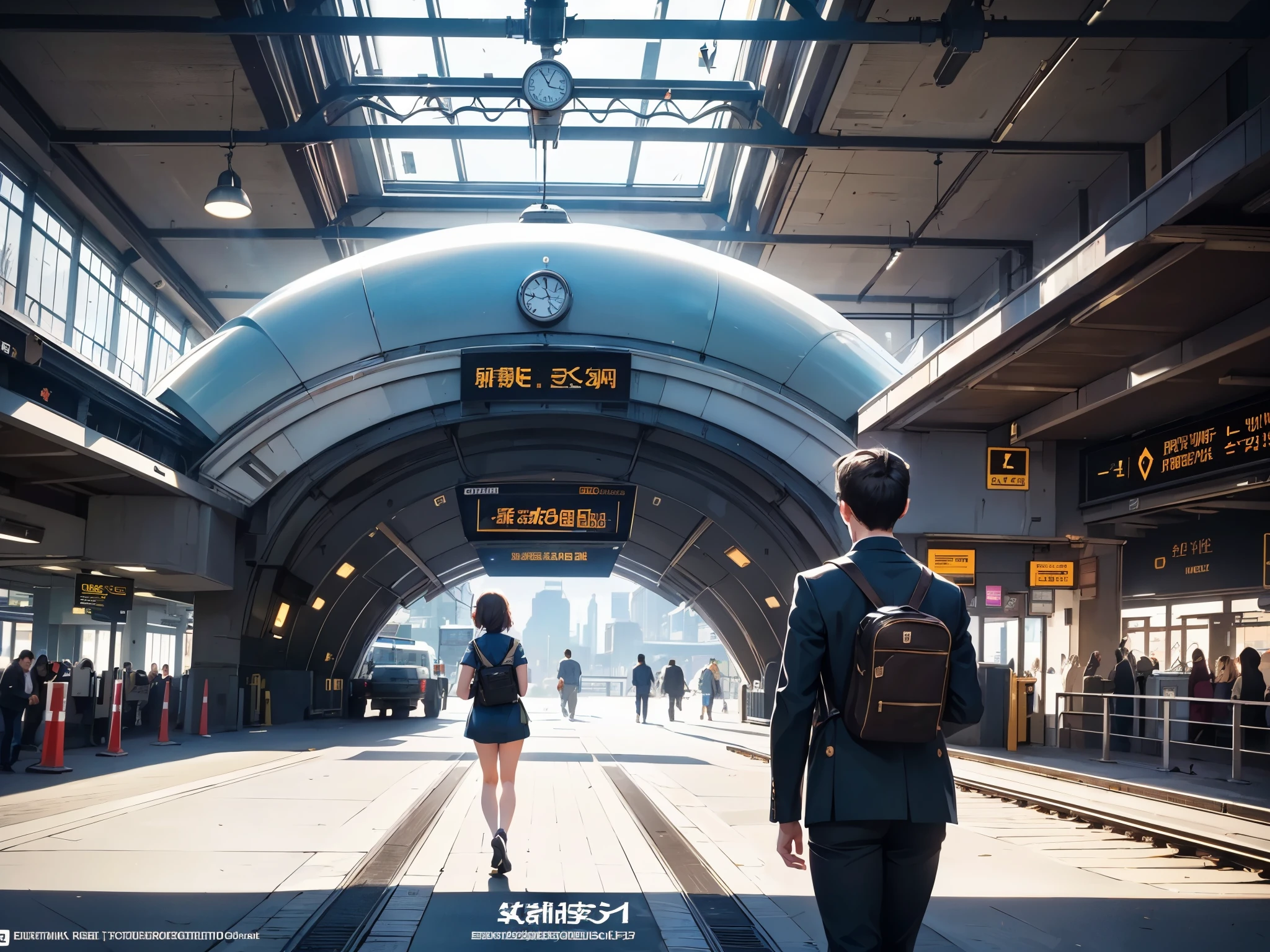 prompt: train station, bustling with students, imposing clock, informative destination guide, rushing office worker, futuristic train

Explanation:
- train station: The main setting of the prompt is a train station, where various activities take place.
- bustling with students: The train station is filled with energetic and lively students, indicating a busy atmosphere.
- imposing clock: A prominent and grand clock stands in the train station, serving as a focal point of the scene.
- informative destination guide: There is a detailed guide in the train station displaying the destinations and schedules of the trains, providing useful information for travelers.
- rushing office worker: An office worker can be seen in a hurry, running through the station, suggesting a sense of urgency and business.
- futuristic train: The scene features a new type of train that showcases a futuristic design and technology, adding a touch of innovation and advancement.

- (best quality, high-res, masterpiece), ultra-detailed, (realistic:1.37): Emphasizes the high quality and realism of the resulting image.
- portraits, landscape, photography: Describes the desired art style, which can incorporate elements of both portraiture and landscape photography.
- vibrant colors: Specifies the color palette of the image, aiming for vivid and dynamic hues.
- natural lighting: Suggests that the image should have realistic and well-balanced lighting, mimicking natural sunlight.
