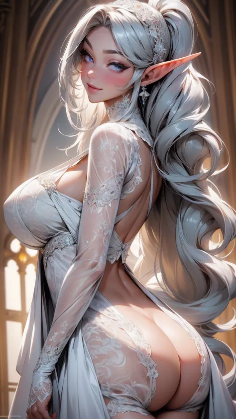 { - anatomy error}(Masterpiece - Ultra-detailed, very high resolution) sexy elf, very big breasts, white dress, sexy see-through...