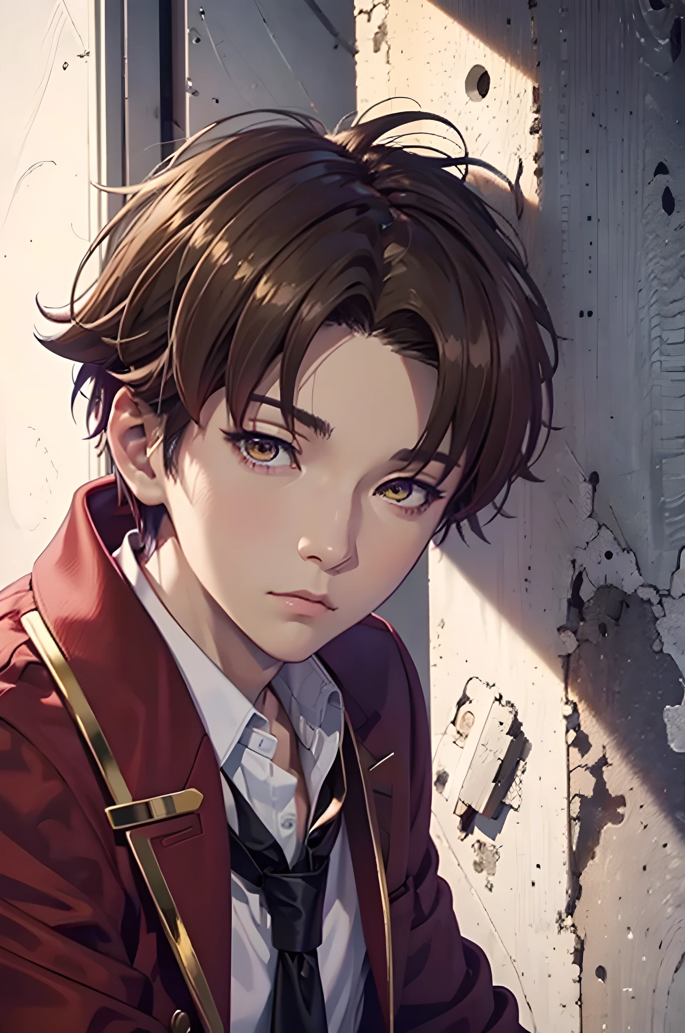 High resolution, highest quality, super detail, (detailed face) (detailed masterpiece), best quality, 1boy , ayanokoji kiyotaka , sitting , looking at the viewer , school uniform, white shirt, black necktie, red coat, apathetic face , cold eyes , staring at the viewer , no emotion , royalty , masterpiece , ultra sharp , high contrast , wallpaper , golden glow in eyes ,