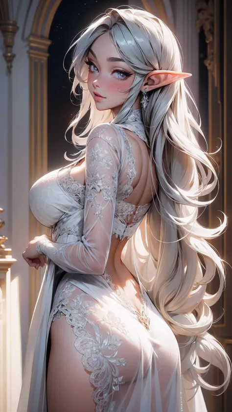 { - anatomy error}(Masterpiece - Ultra-detailed, very high resolution)  elf, very big breasts, white dress, see-through underwea...