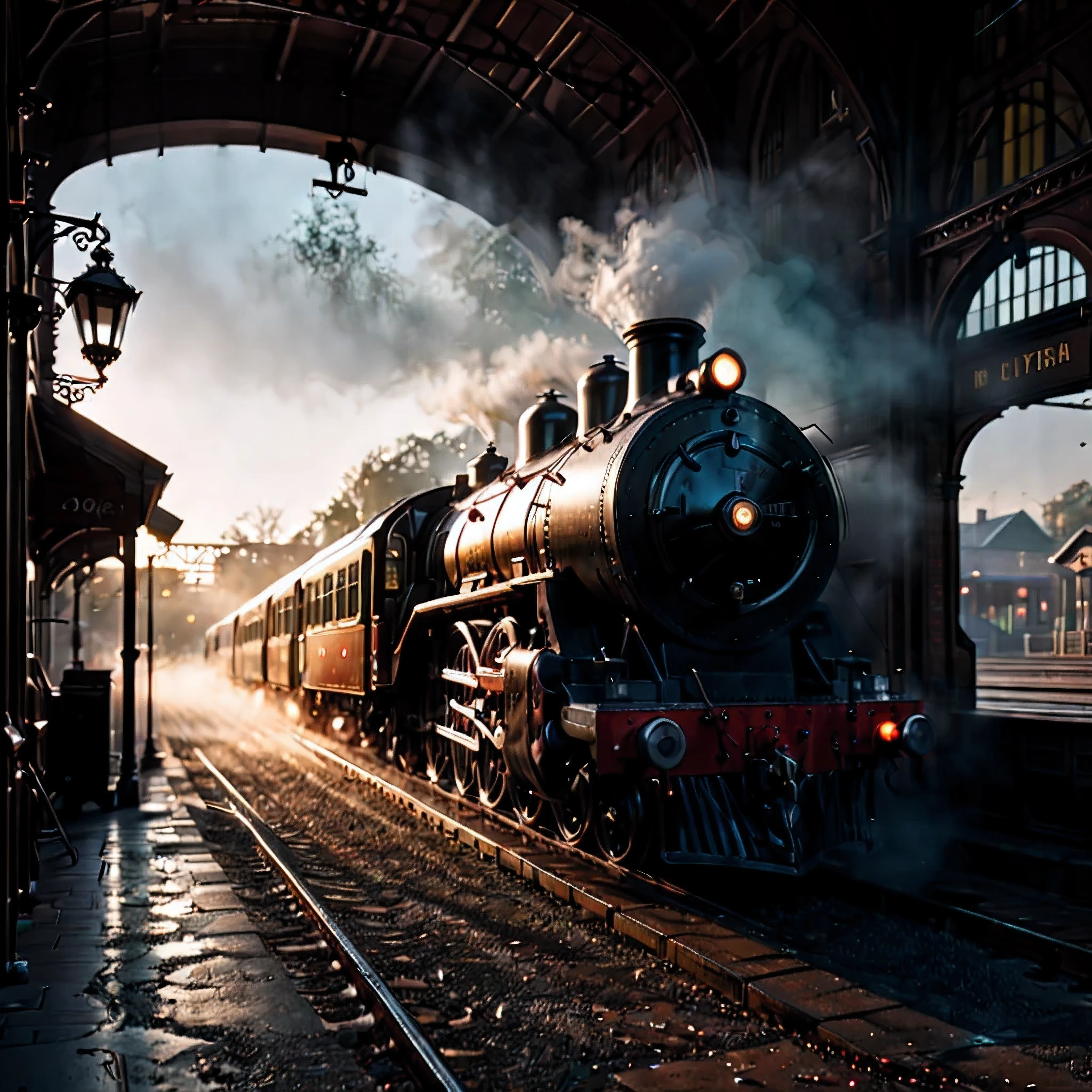 ((Masterpiece in maximum 16K resolution):1.6),((soft_color_photograpy:)1.5), ((Ultra-Detailed):1.4),((Movie-like still images and dynamic angles):1.3),| (cinematic photo of a Steam Train Station at Morning), (cinematic lens), (Sunlight), (dewdrops), (shimmer), (visual experience) ,(Realism), (Realistic),award-winning graphics, dark shot, film grain, extremely detailed, Digital Art, rtx, Unreal Engine, scene concept anti glare effect, All captured with sharp focus.