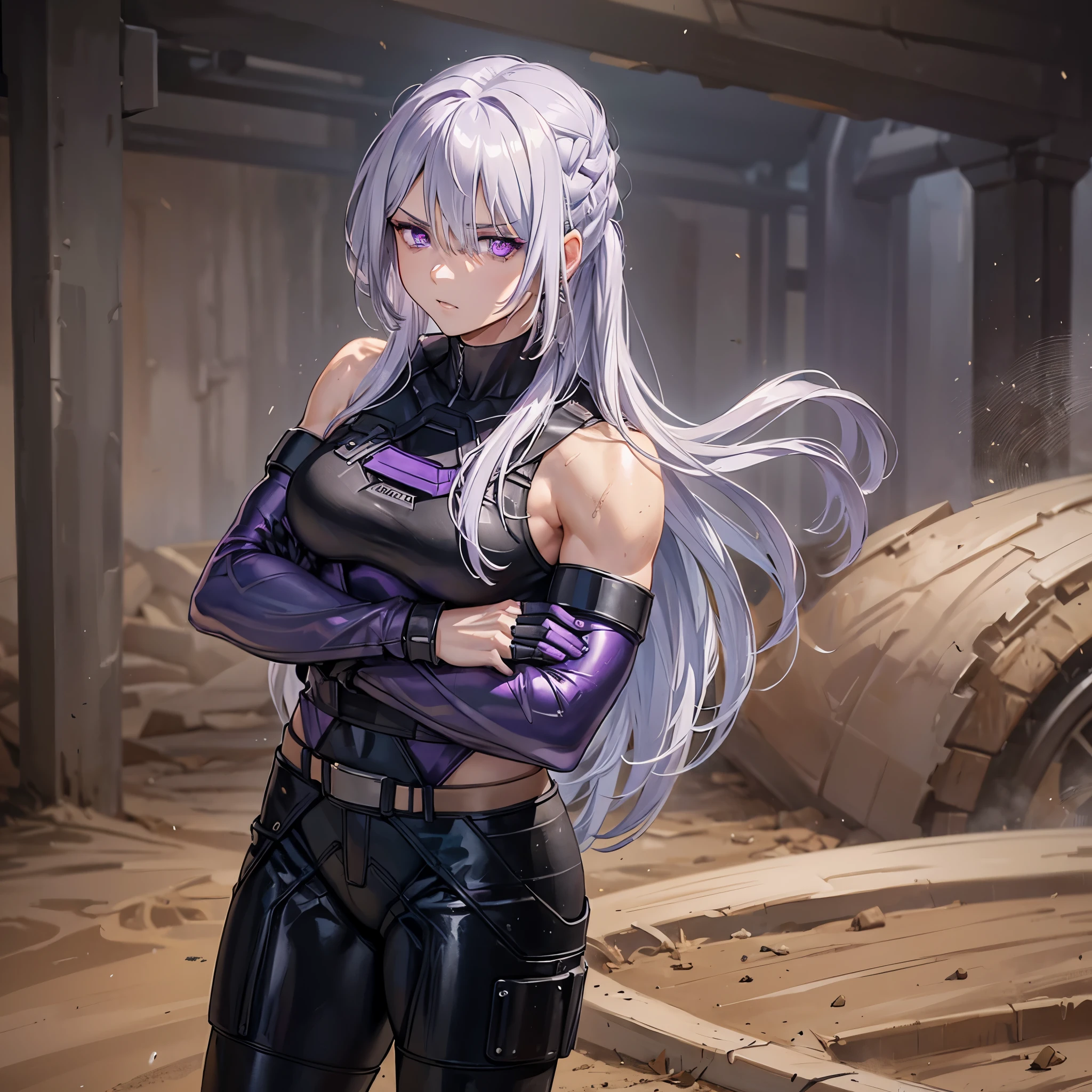 A woman with silver hair, purple eyes, wearing a black motocross uniform, on a clay and mud track, muscular, standing with her arms crossed, just a woman.
